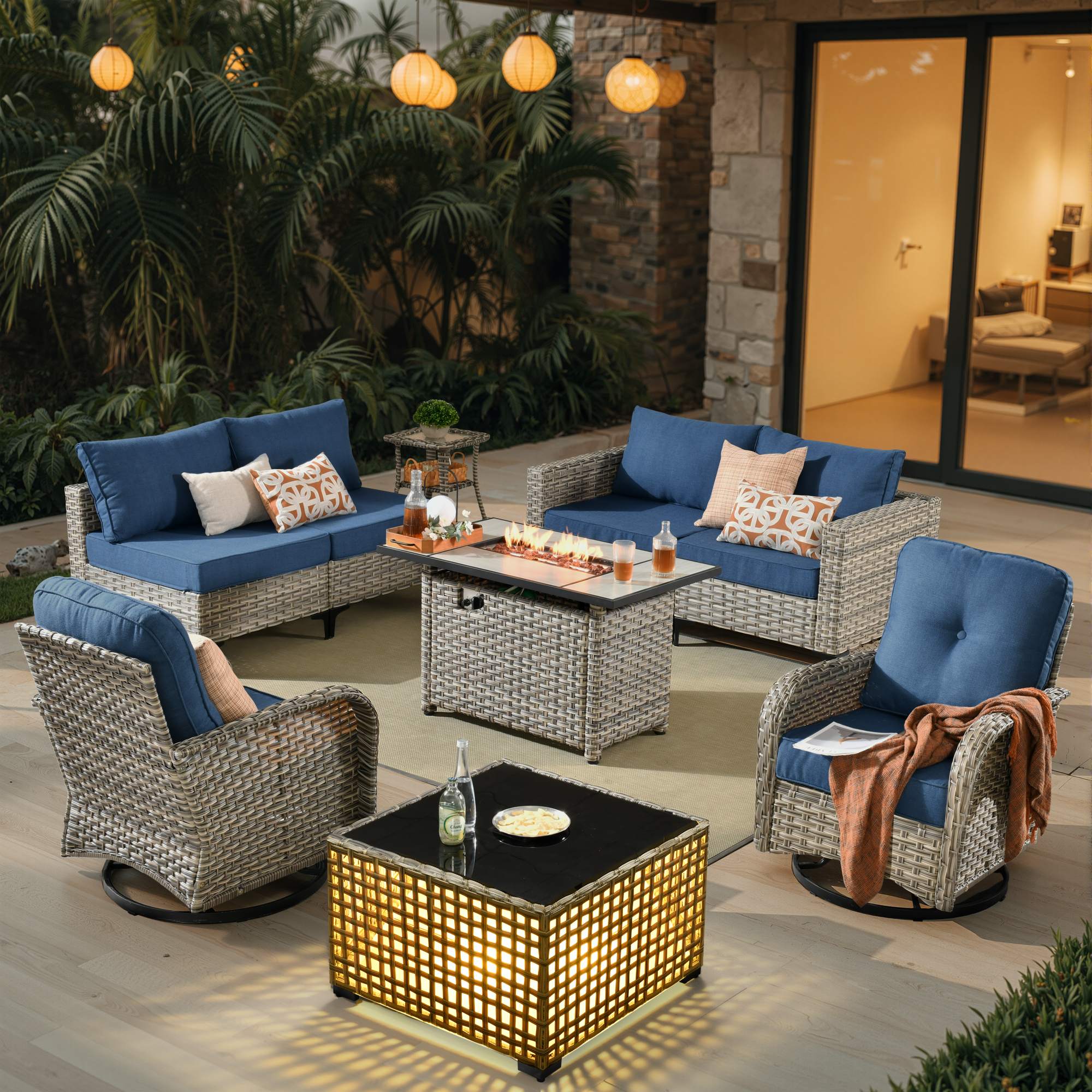 OVIOS All-Weather Patio Furniture Set with Swivel Rocking Chairs & Fire Table
