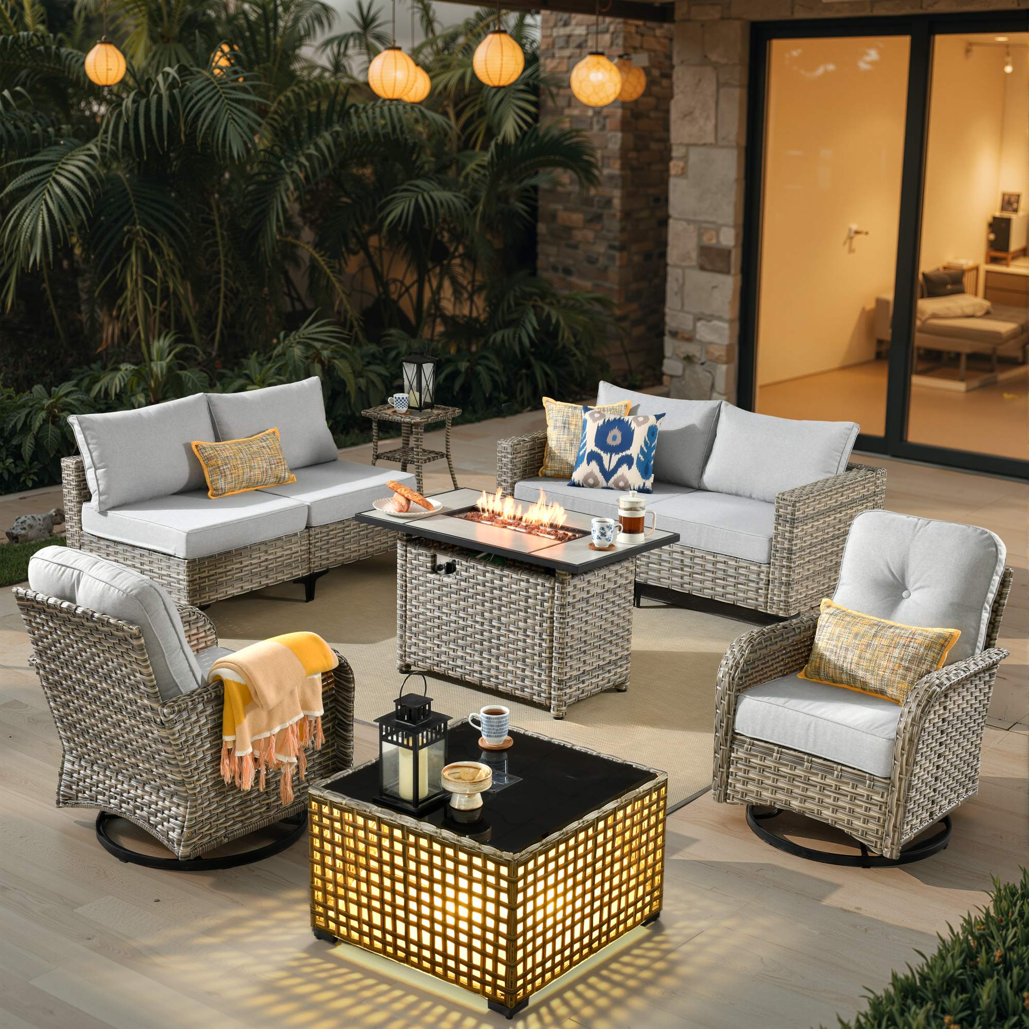 OVIOS All-Weather Patio Furniture Set with Swivel Rocking Chairs & Fire Table