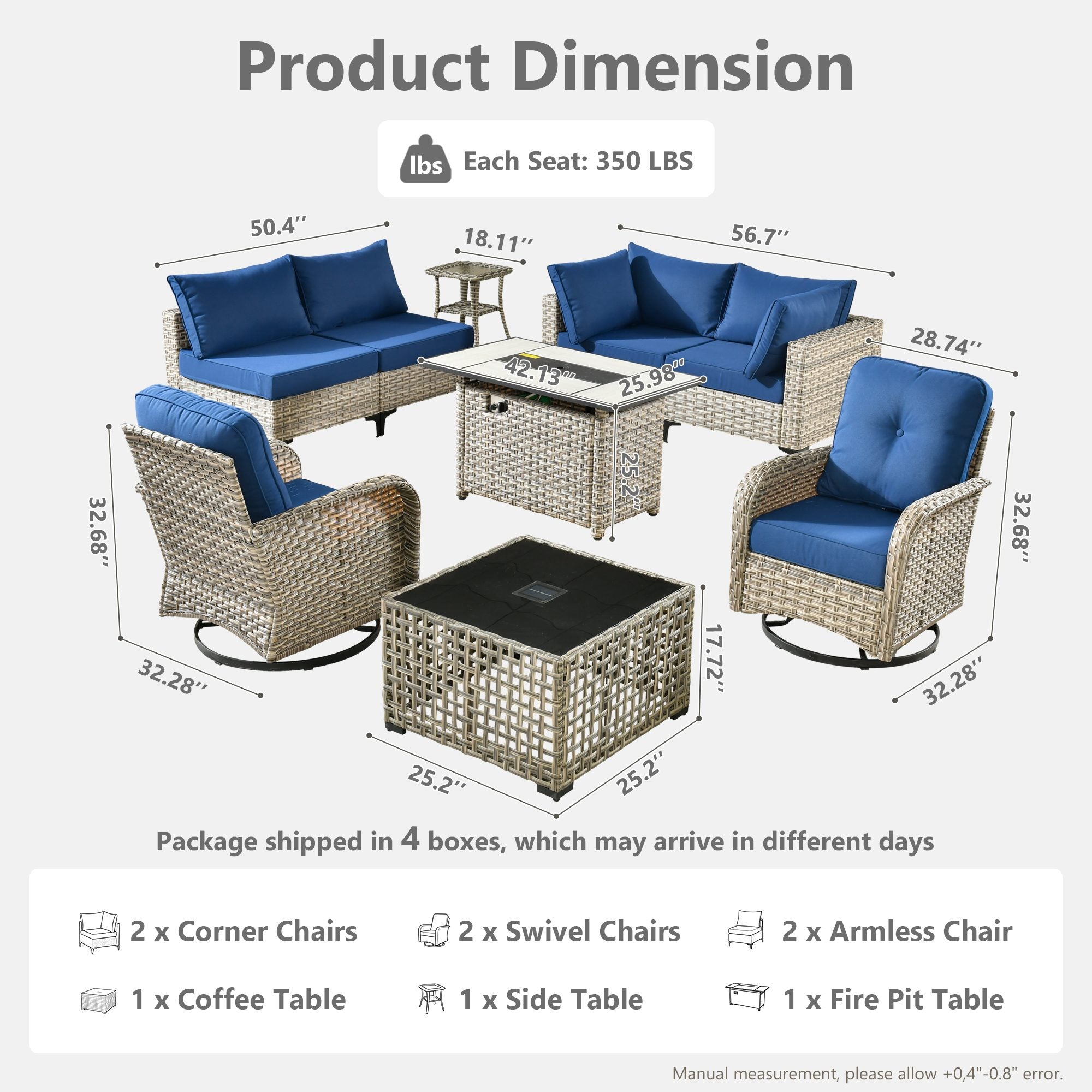 OVIOS All-Weather patio set layout with dimensions of swivel chairs, fire table & modular seating.