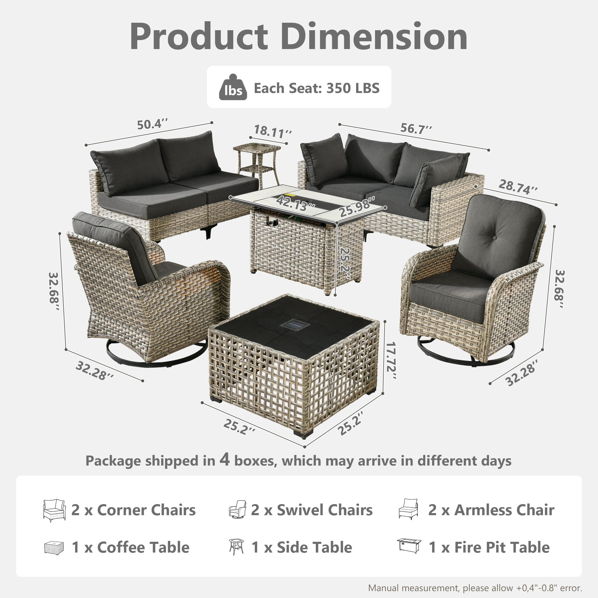 OVIOS rattan patio furniture set dimensions with swivel chairs & fire table.