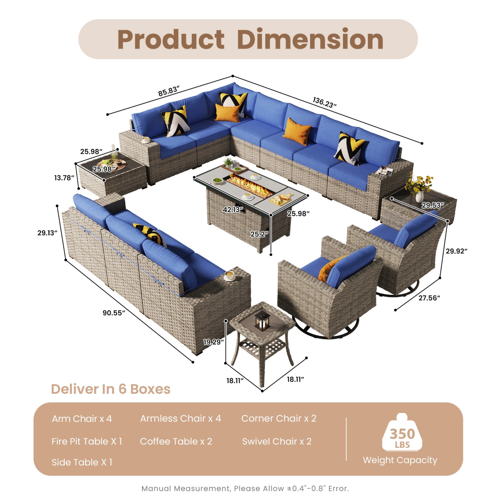 Ovios Outdoor Patio Furniture Set with Fire Pit Table and Chairs with Wide Armrests