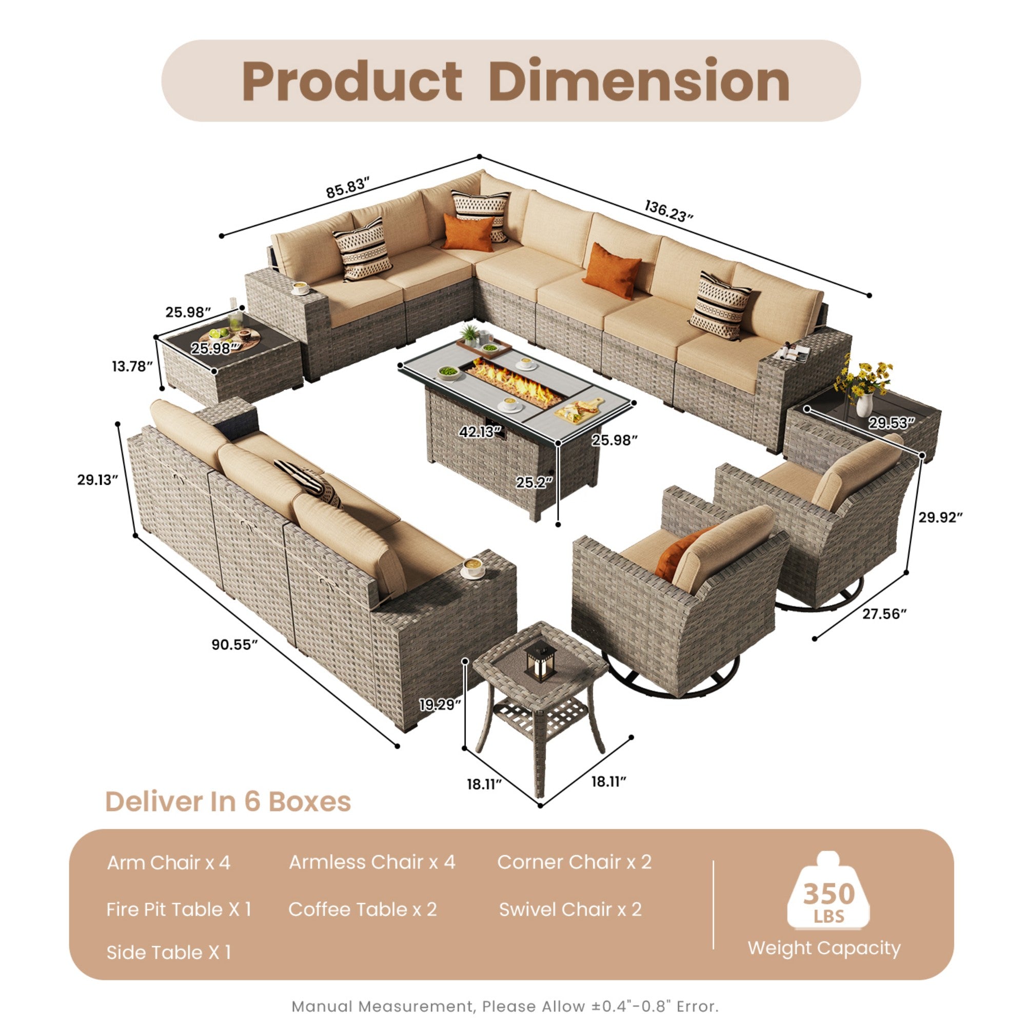 Ovios Outdoor Patio Furniture Set with Fire Pit Table and Chairs with Wide Armrests