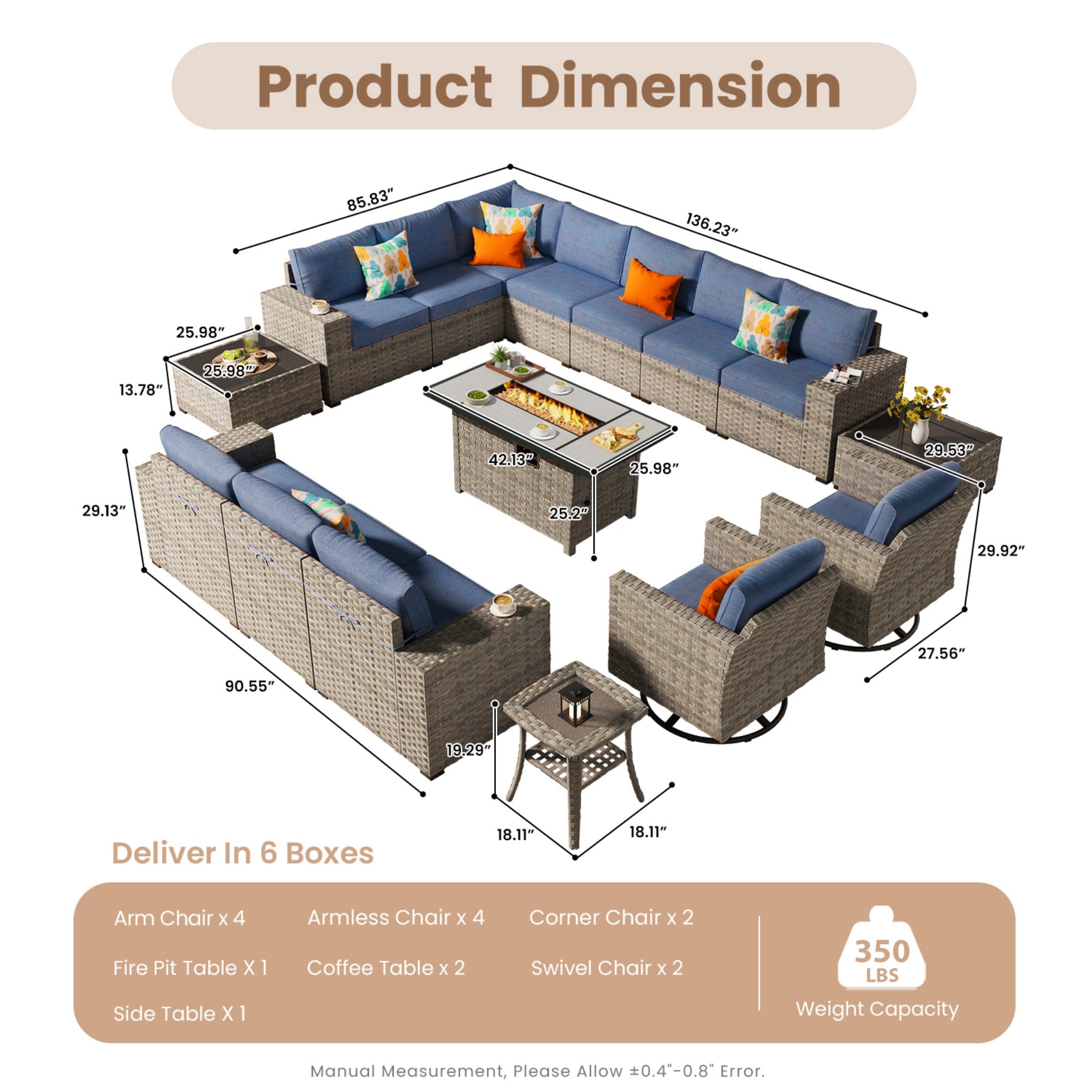 Ovios Outdoor Patio Furniture Set with Fire Pit Table and Chairs with Wide Armrests