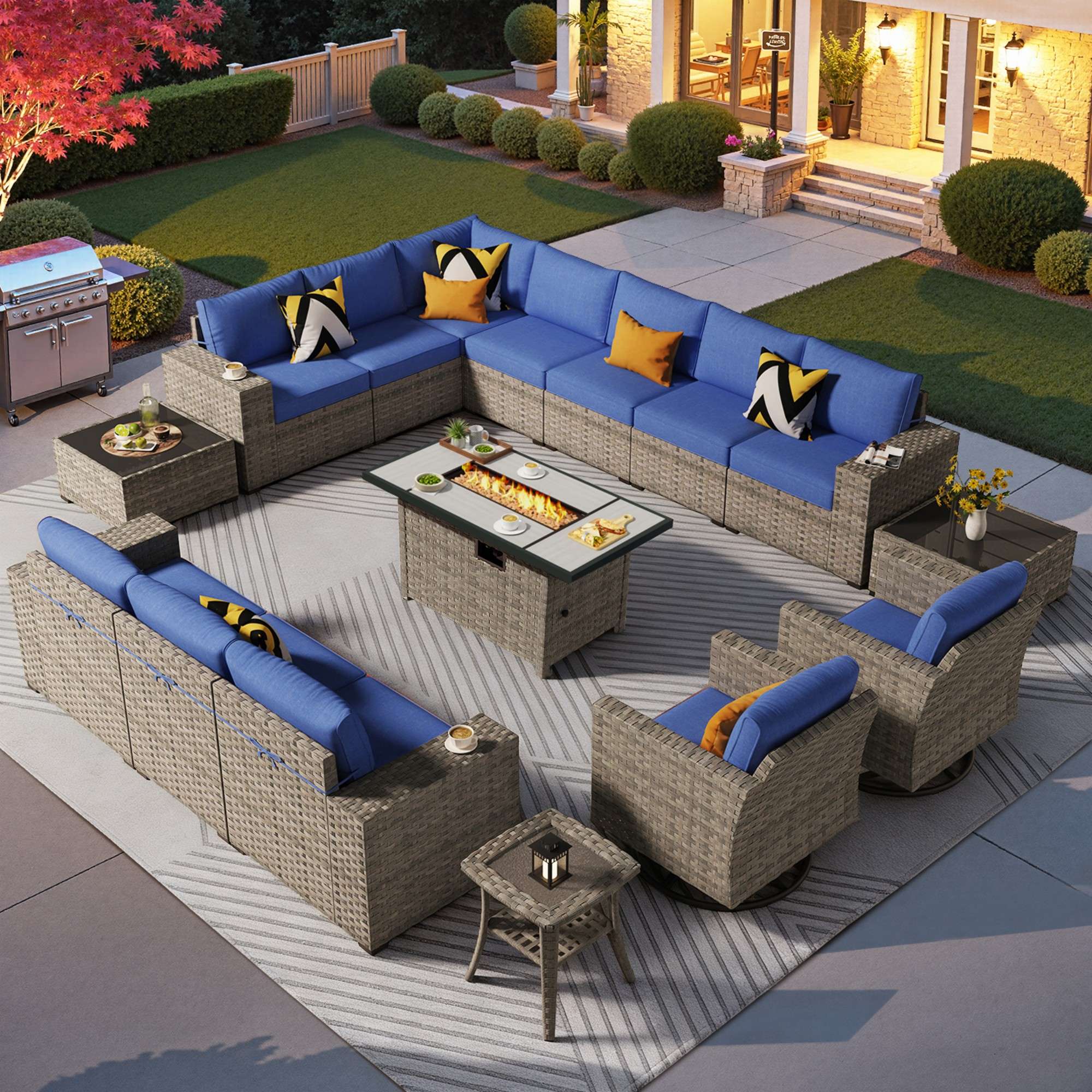 Ovios Outdoor Patio Furniture Set with Fire Pit Table and Chairs with Wide Armrests
