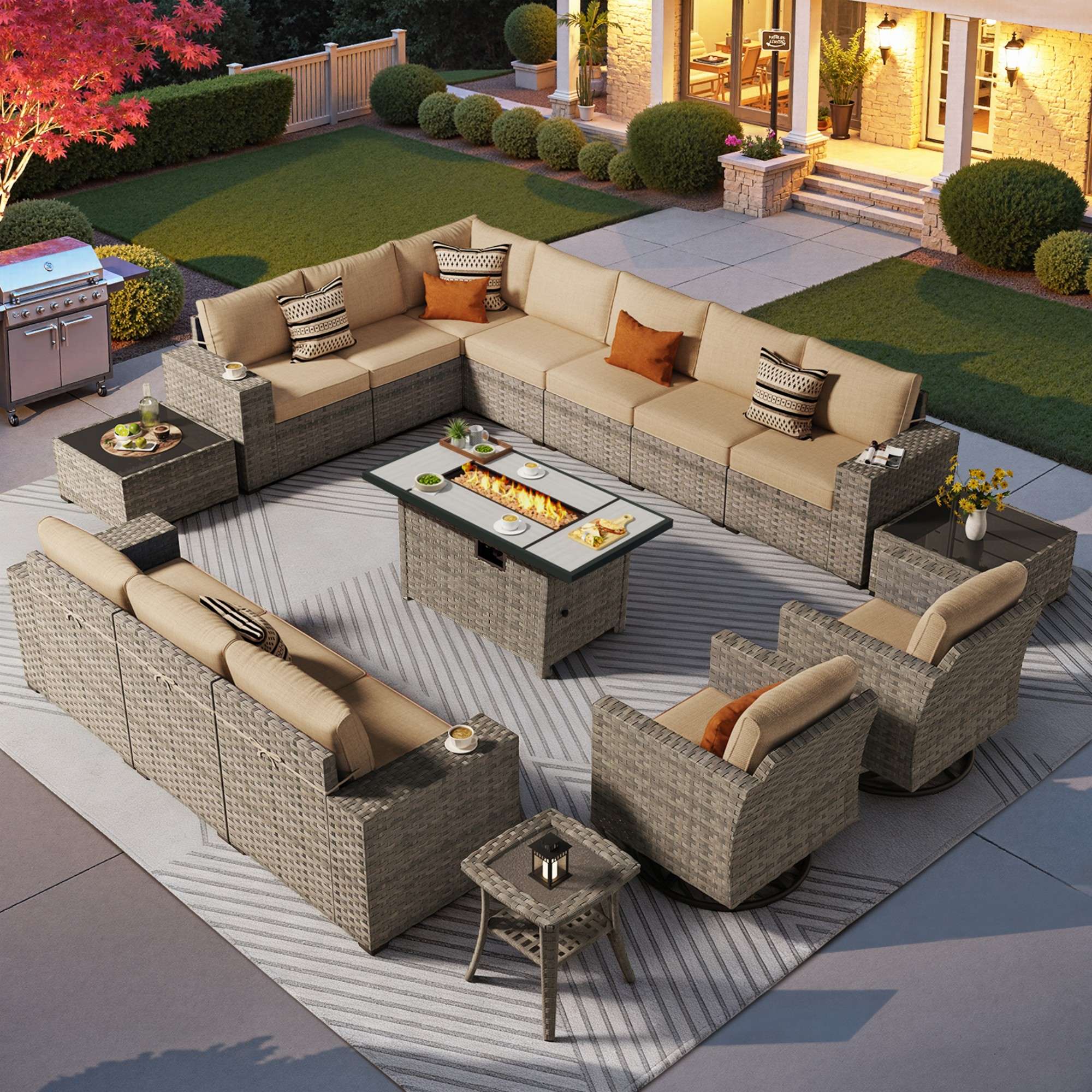Ovios Outdoor Patio Furniture Set with Fire Pit Table and Chairs with Wide Armrests