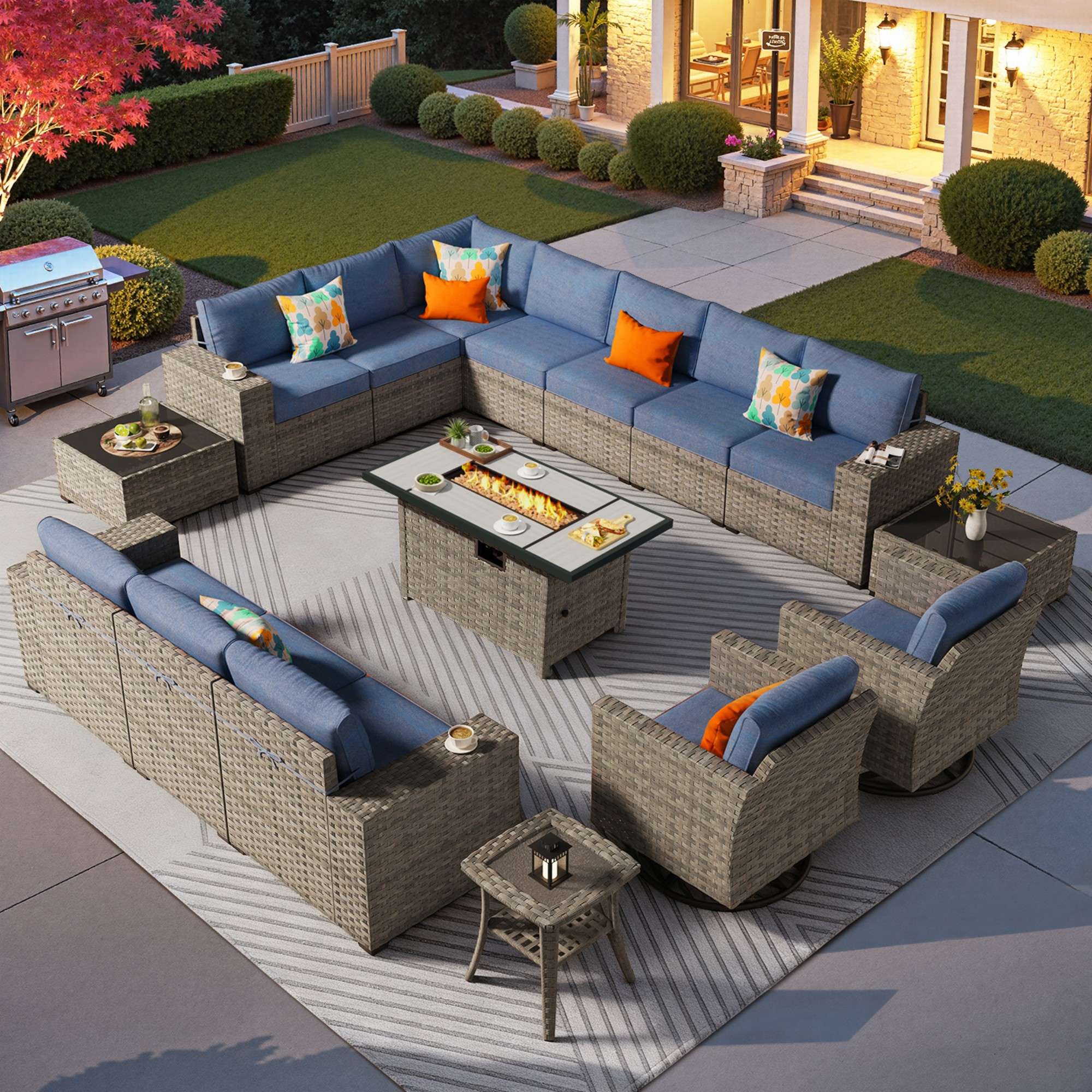 Ovios Outdoor Patio Furniture Set with Fire Pit Table and Chairs with Wide Armrests