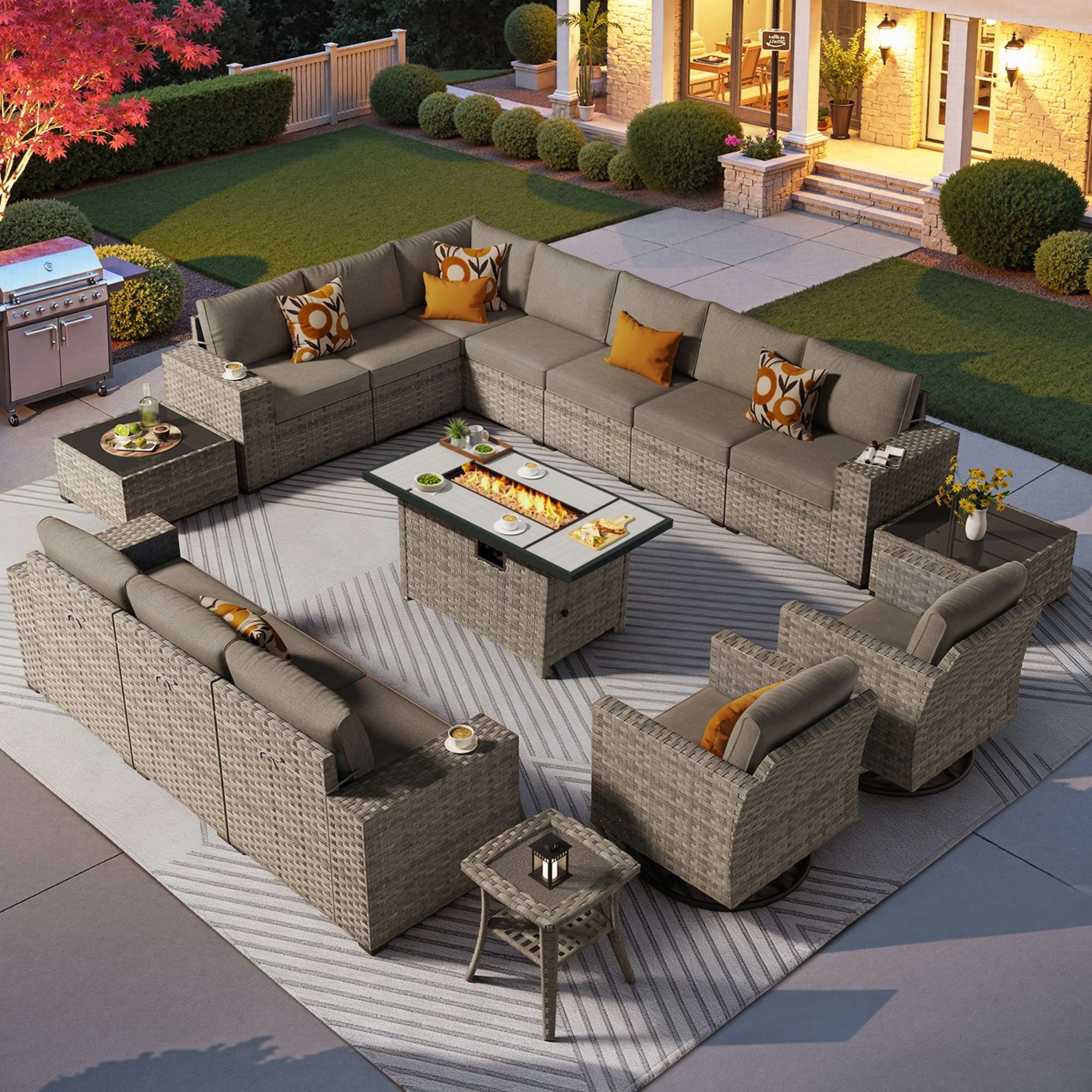 Ovios Outdoor Patio Furniture Set with Fire Pit Table and Chairs with Wide Armrests