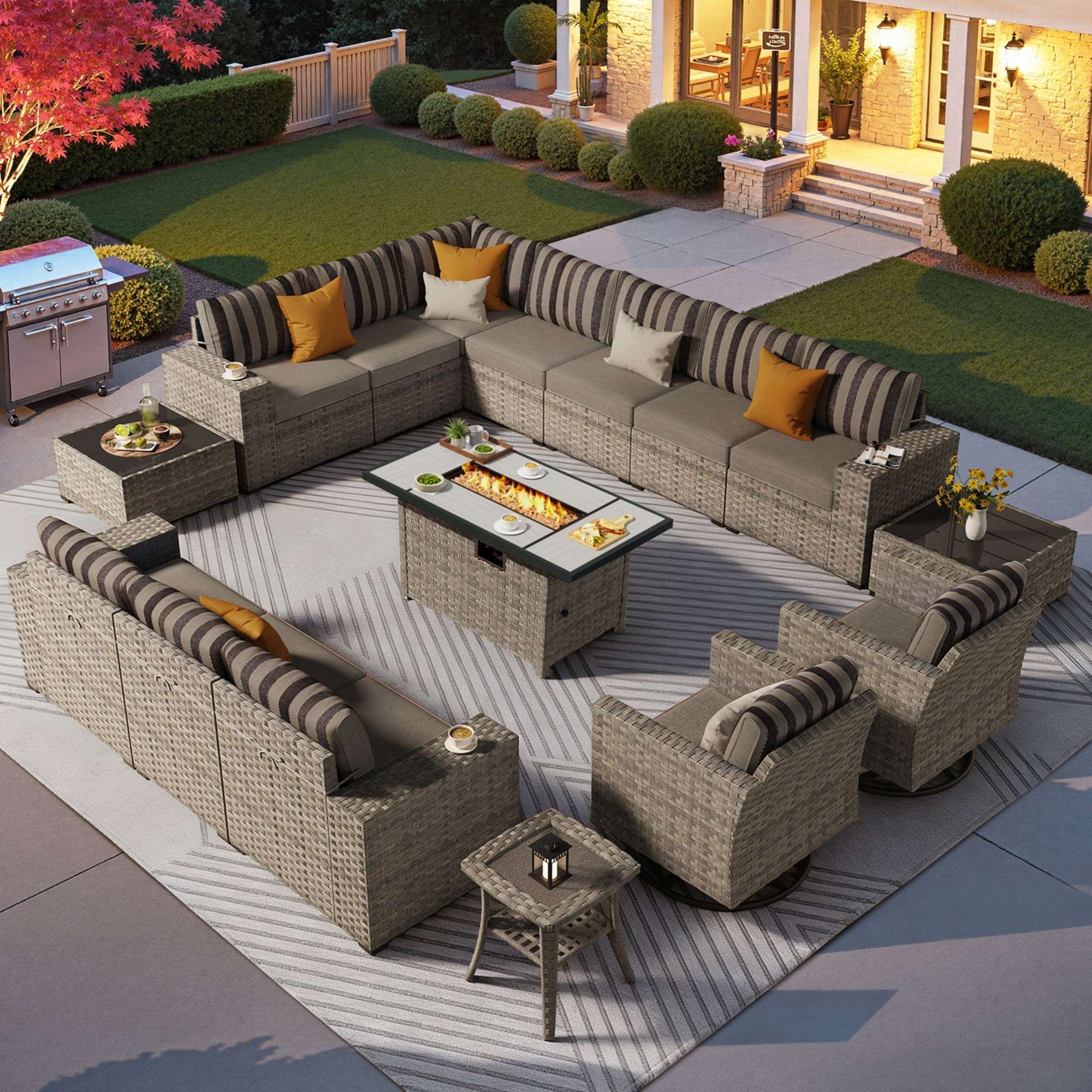 Ovios Outdoor Patio Furniture Set with Fire Pit Table and Chairs with Wide Armrests