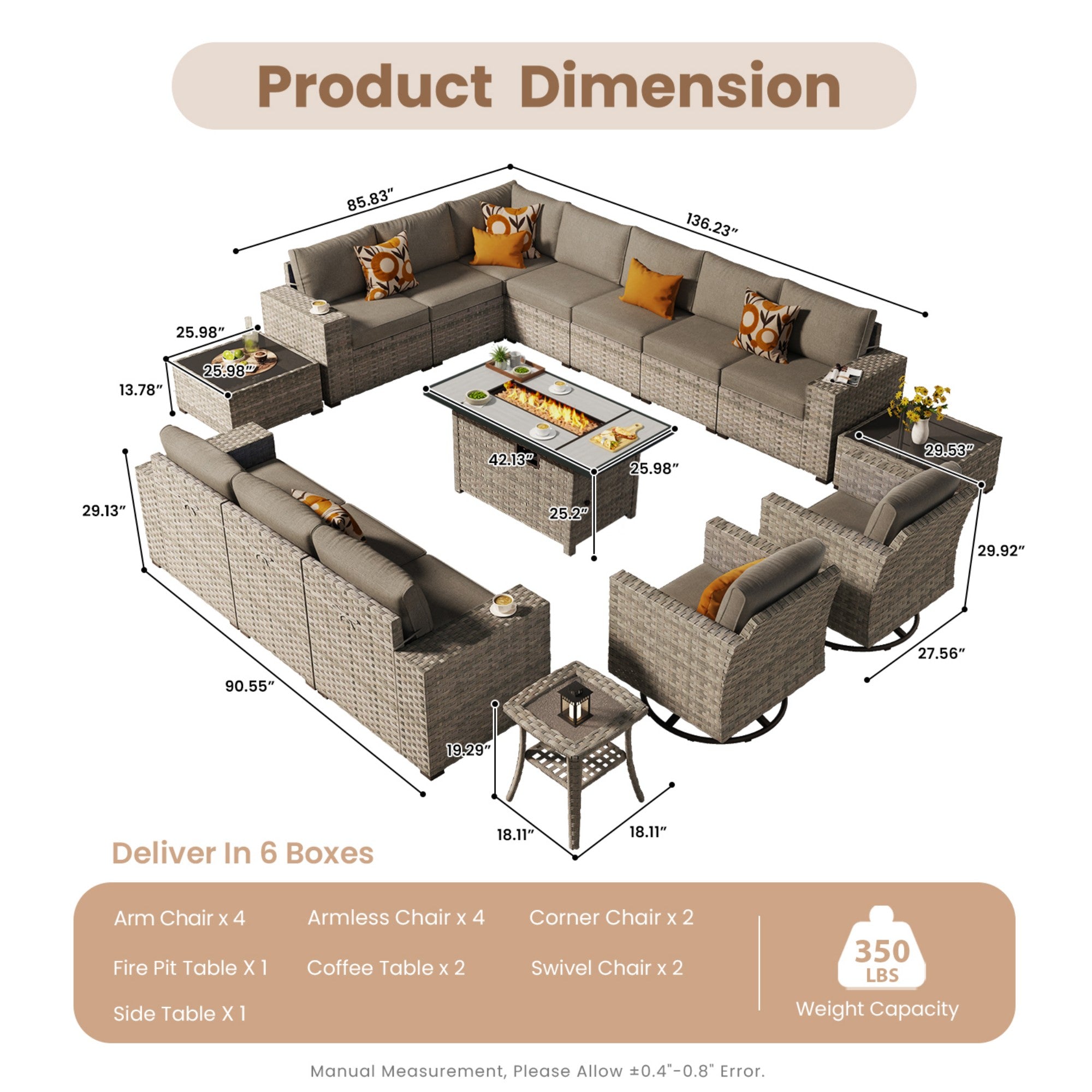 Ovios Outdoor Patio Furniture Set with Fire Pit Table and Chairs with Wide Armrests