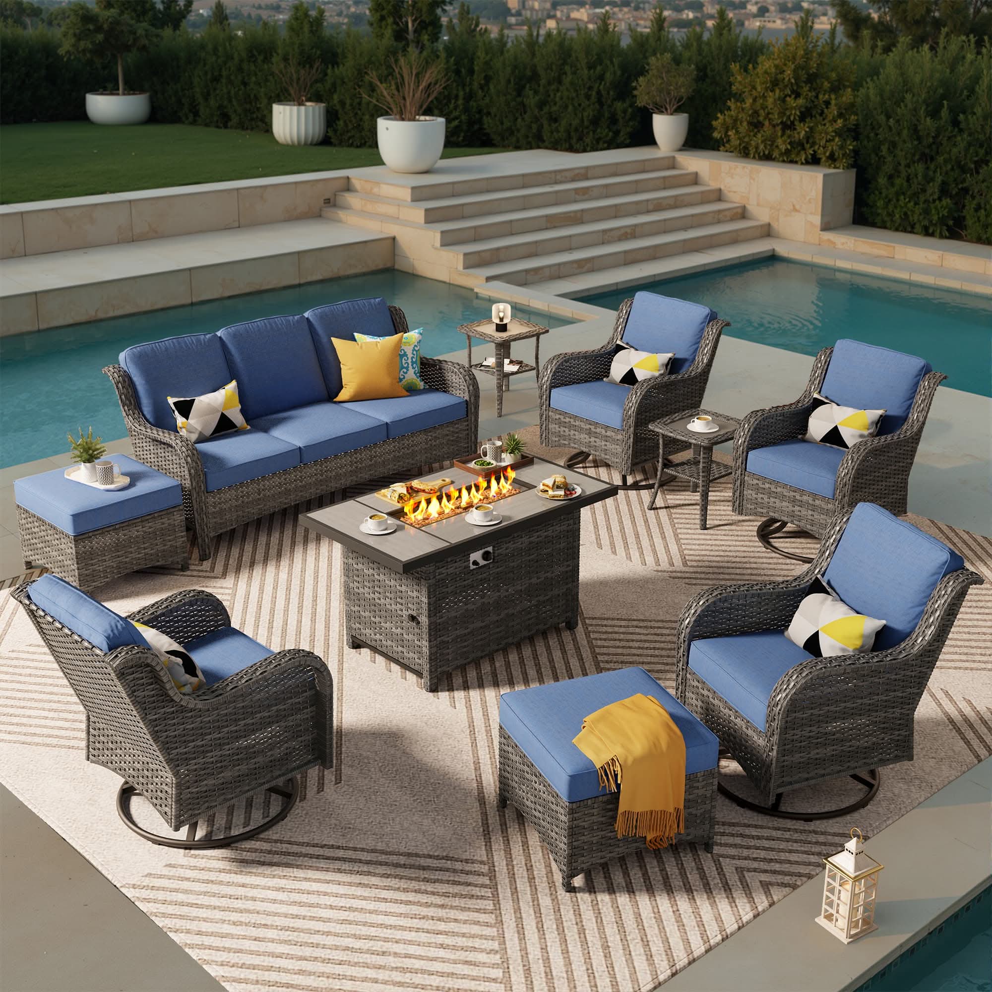 OVIOS Wicker Patio Fire Pit Conversation Seating Set