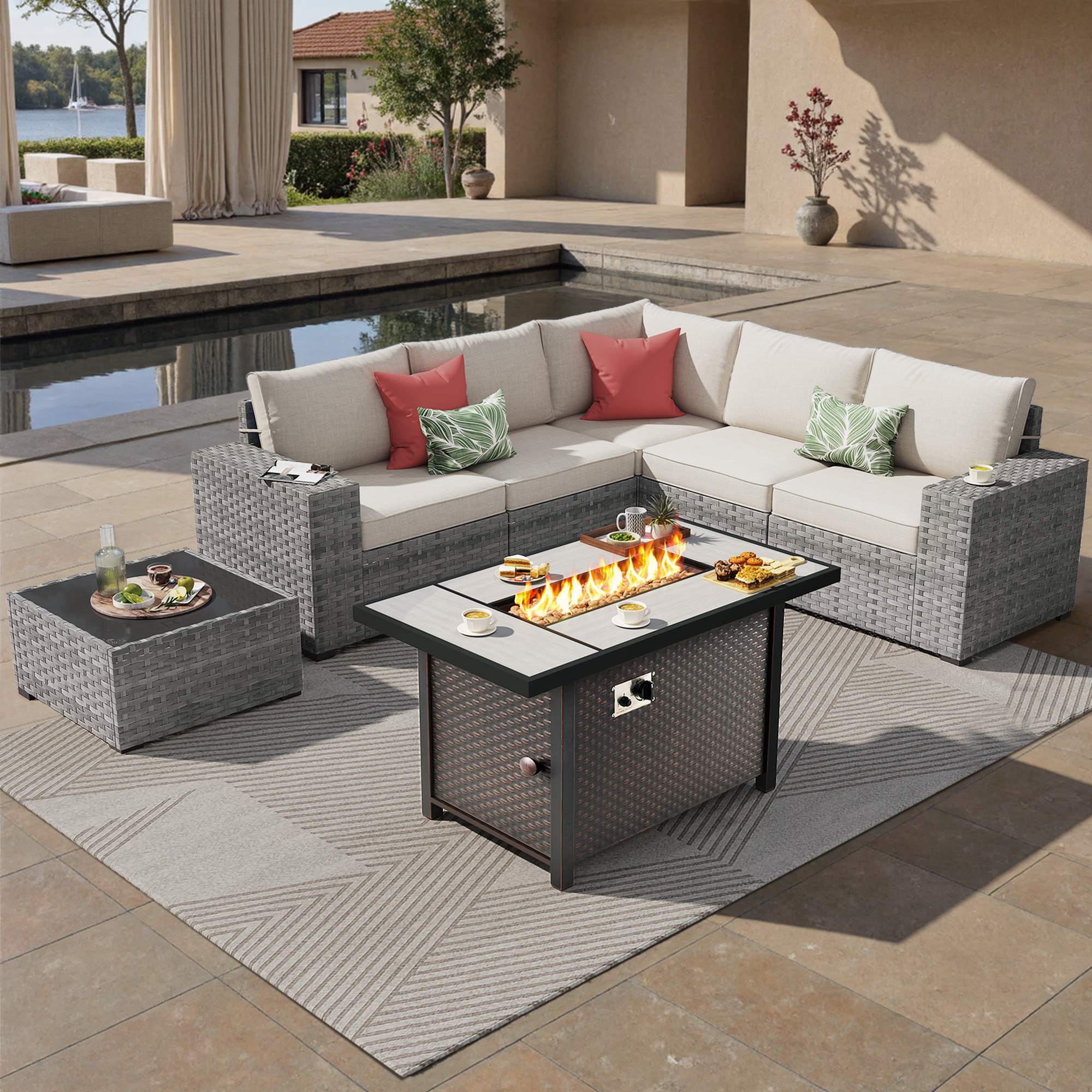 OVIOS Outdoor Patio Furniture Set with Fire Pit Table Wide Armrest Chairs and Rocking Chairs