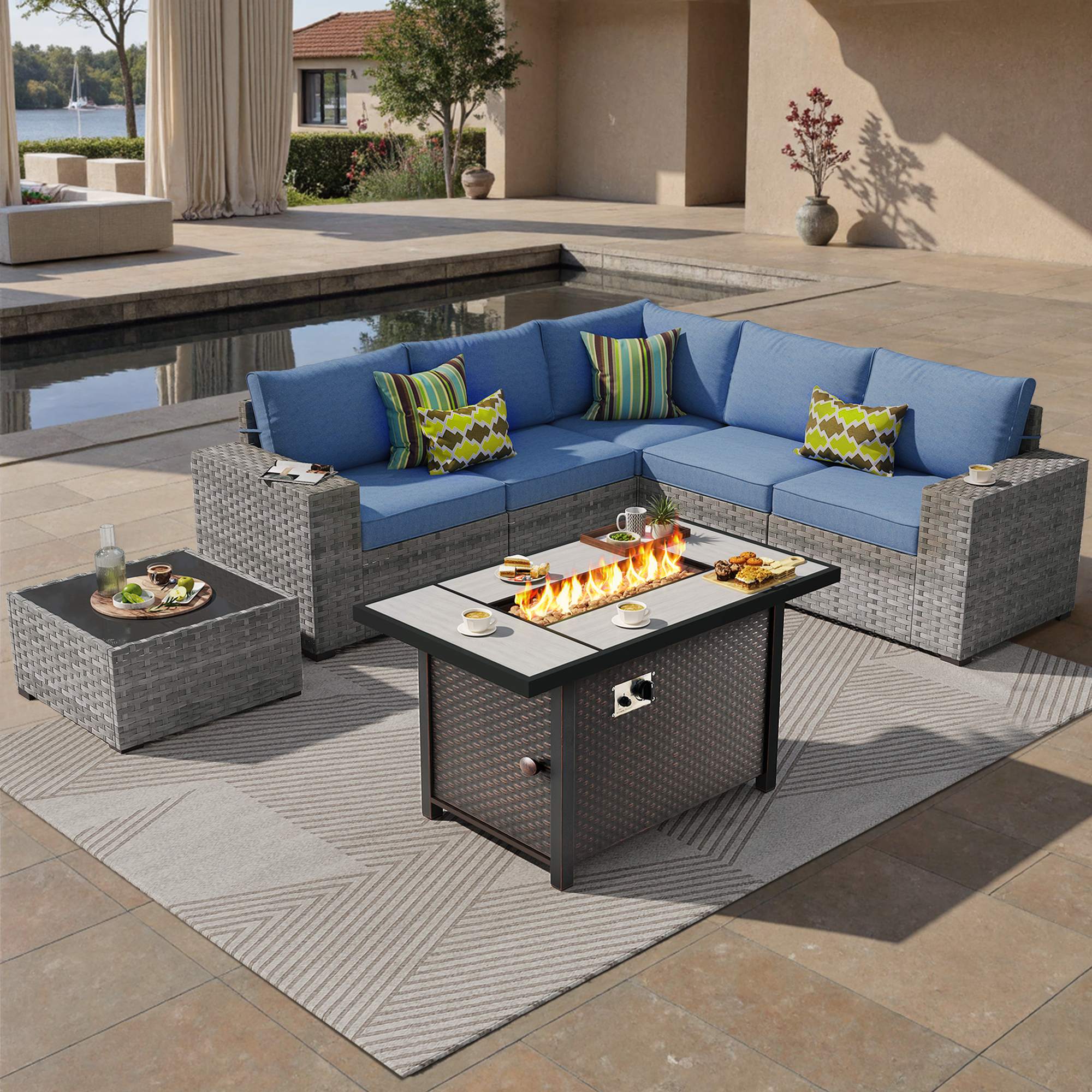 OVIOS Outdoor Patio Furniture Set with Fire Pit Table Wide Armrest Chairs and Rocking Chairs