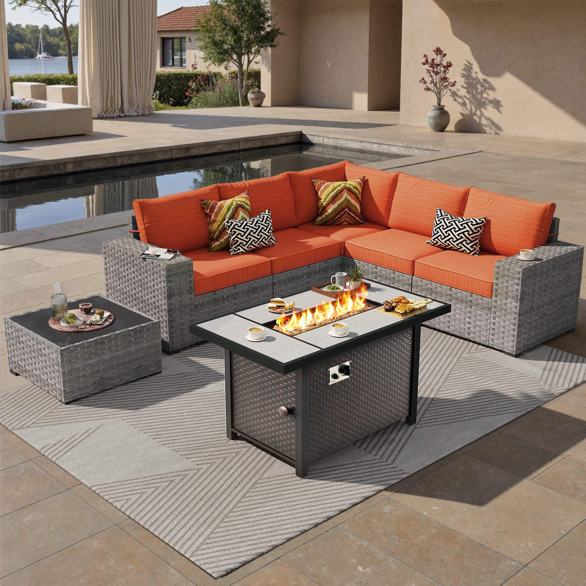 OVIOS Outdoor Patio Furniture Set with Fire Pit Table Wide Armrest Chairs and Rocking Chairs