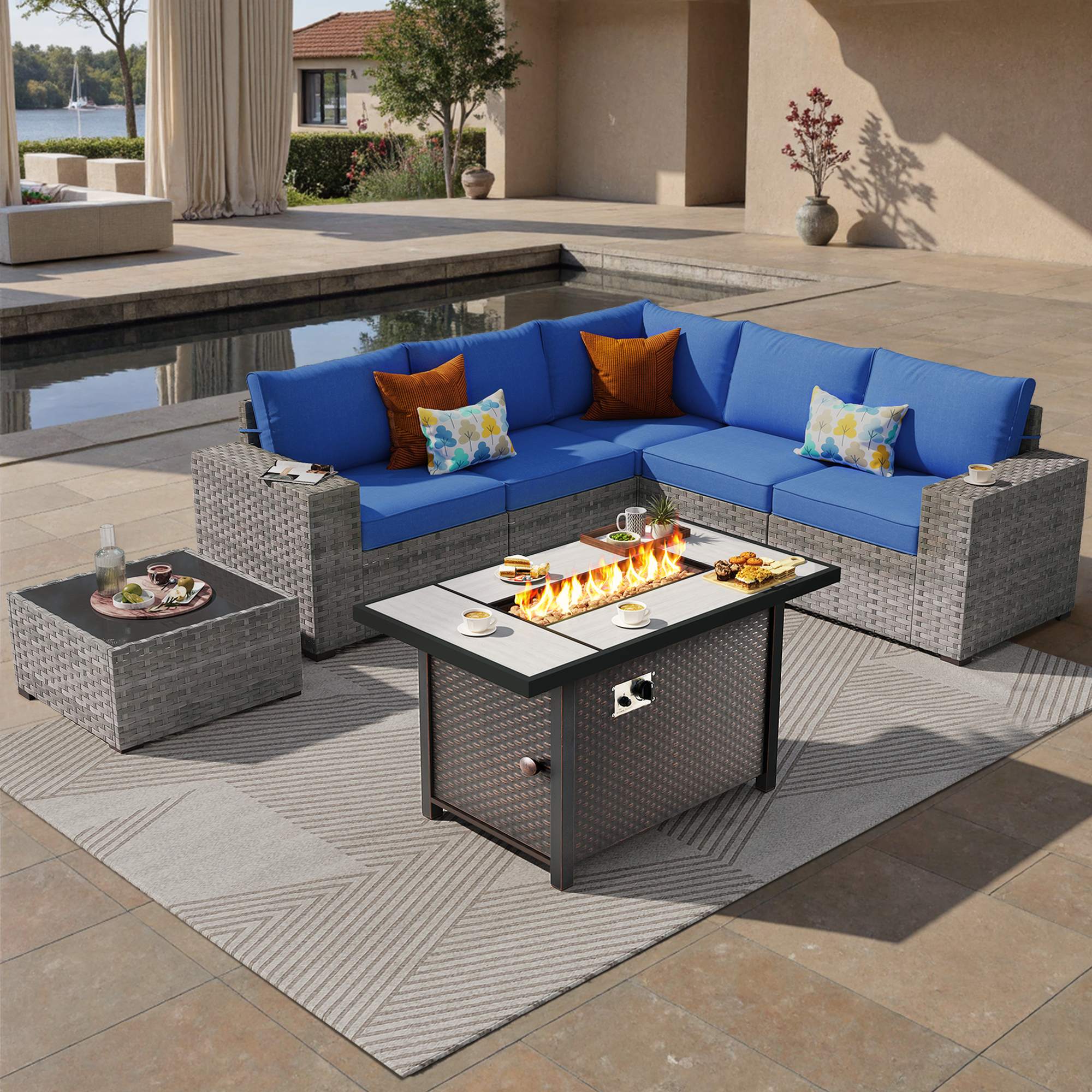 OVIOS Outdoor Patio Furniture Set with Fire Pit Table Wide Armrest Chairs and Rocking Chairs