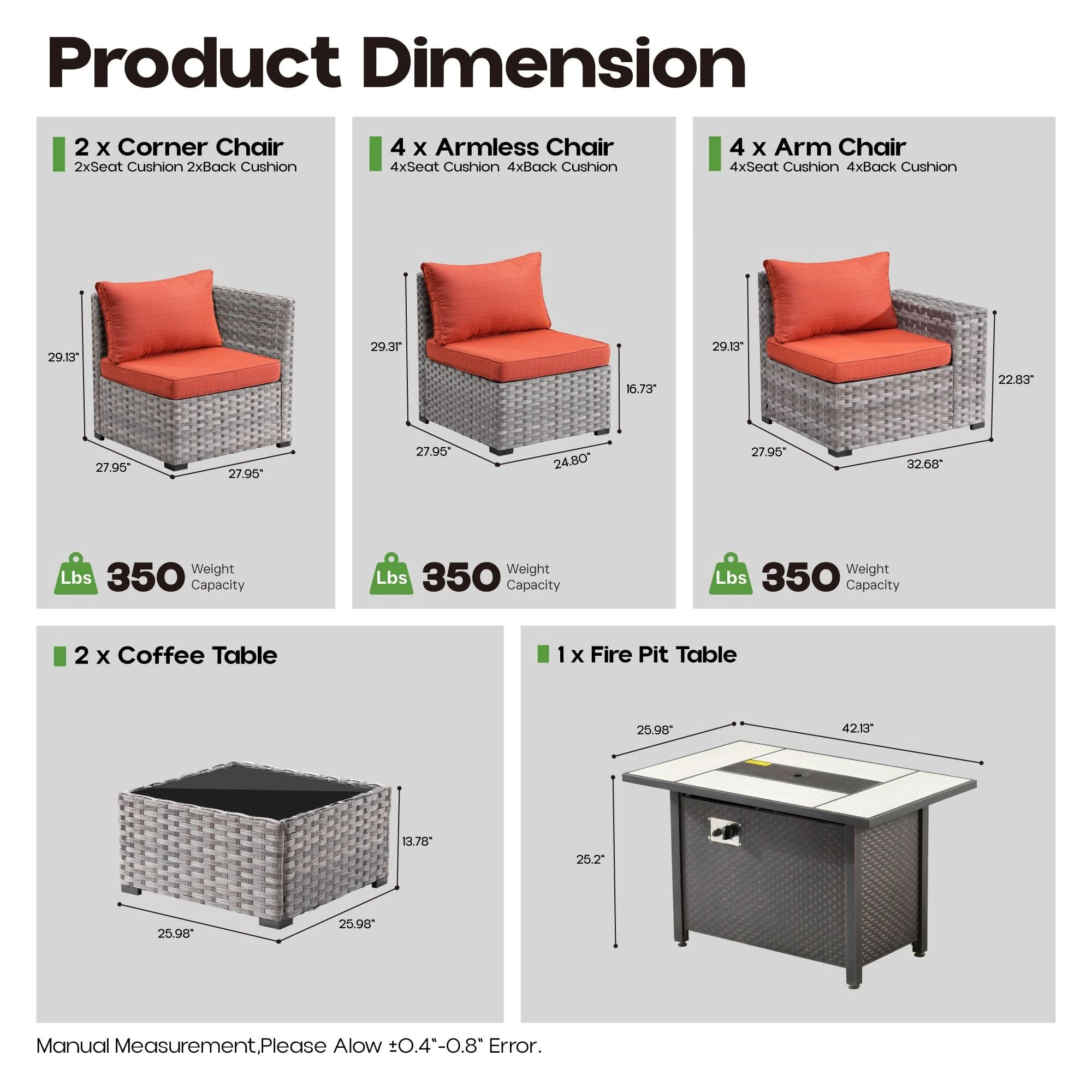 Orange Red OVIOS gray wicker furniture set dimensions: corner chair, armless chair, arm chair, coffee table, fire pit table.