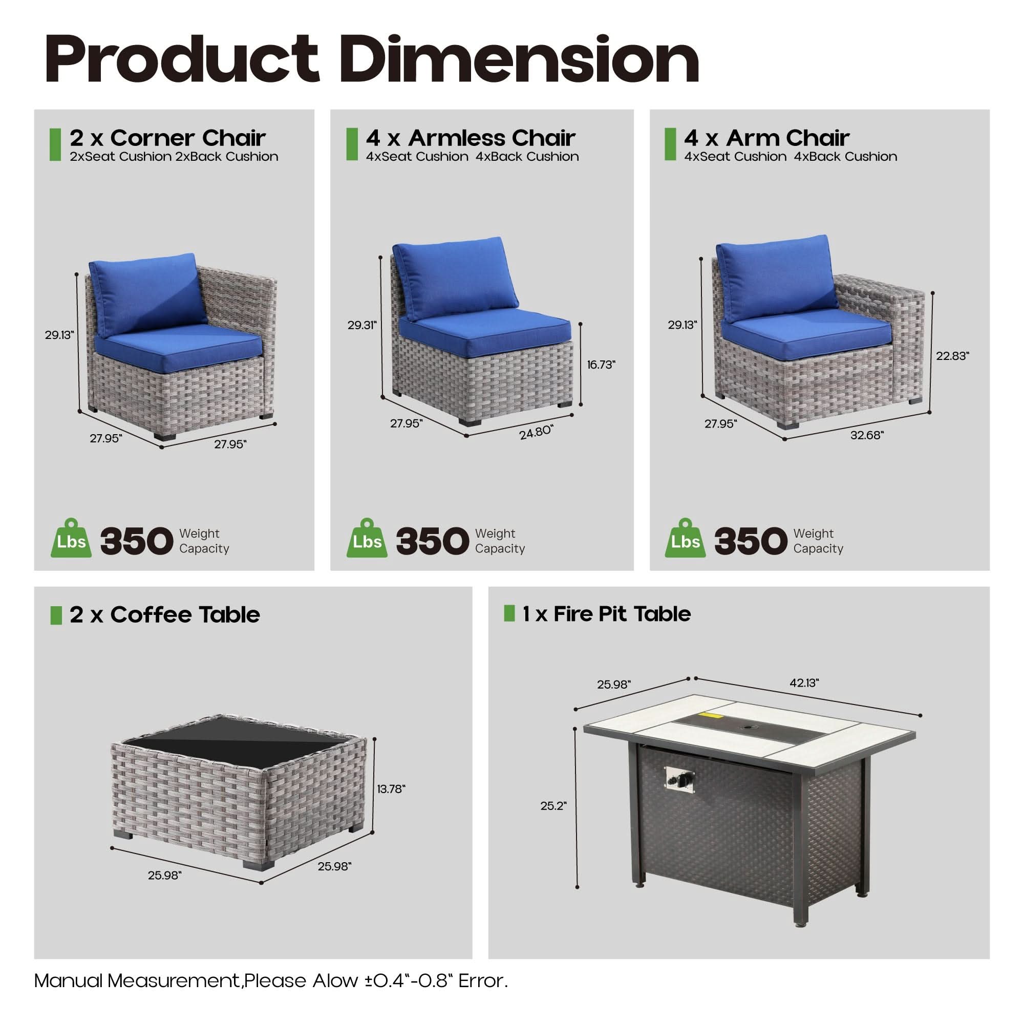 Navy Blue OVIOS outdoor patio furniture set components: rattan chairs, coffee table, fire pit table dimensions.