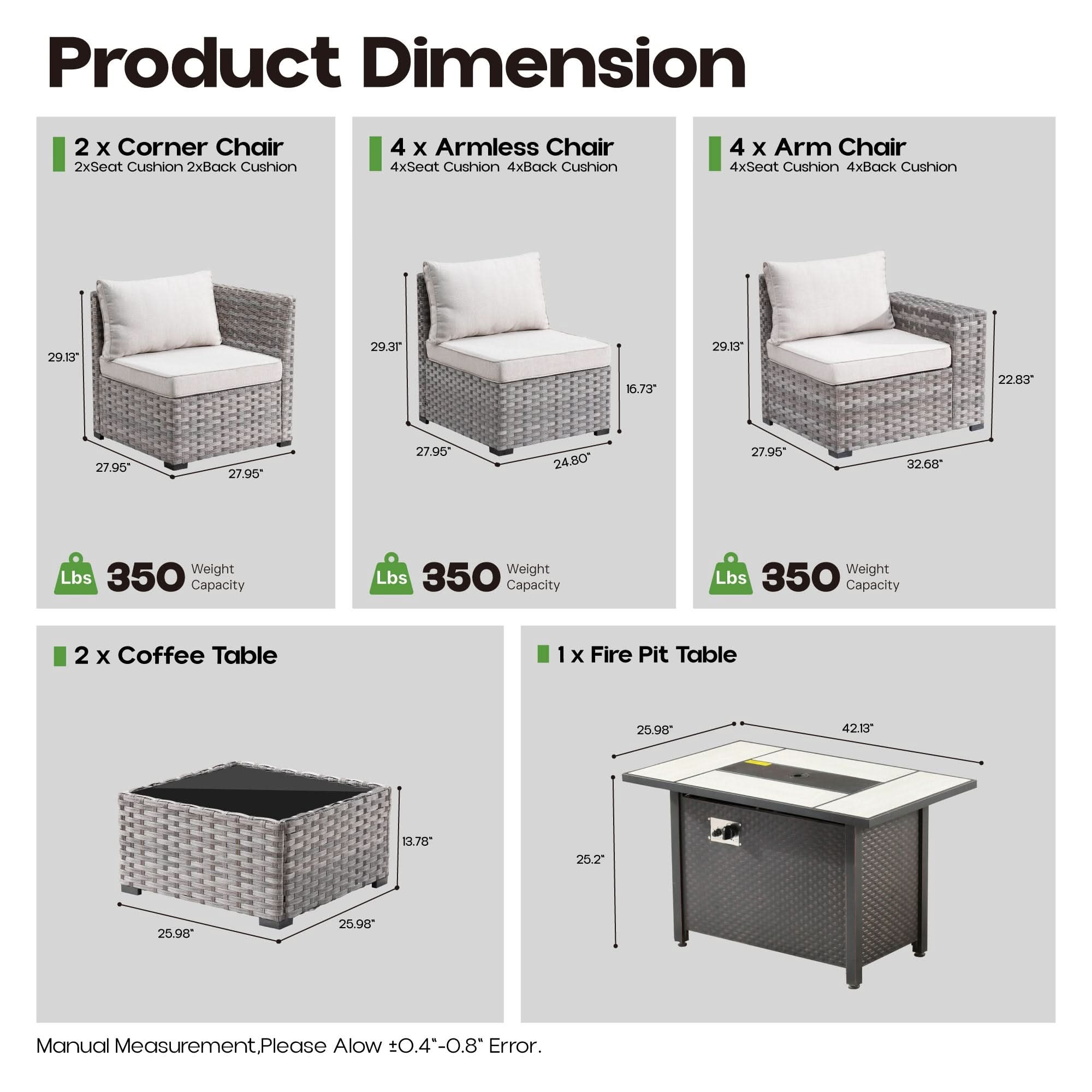 Beige | OVIOS outdoor patio furniture set dimensions: fire pit table, coffee table, and chair types.