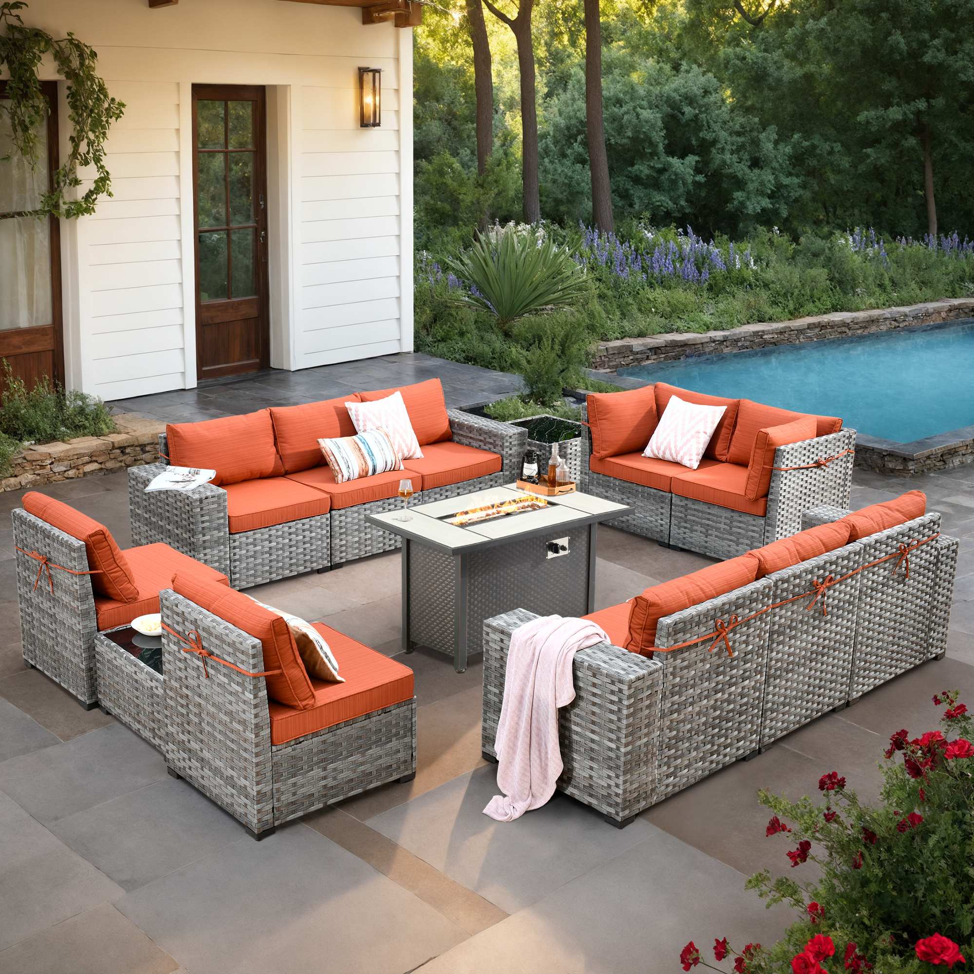 OVIOS grey rattan modular patio set Orange Red cushions & fire pit table
