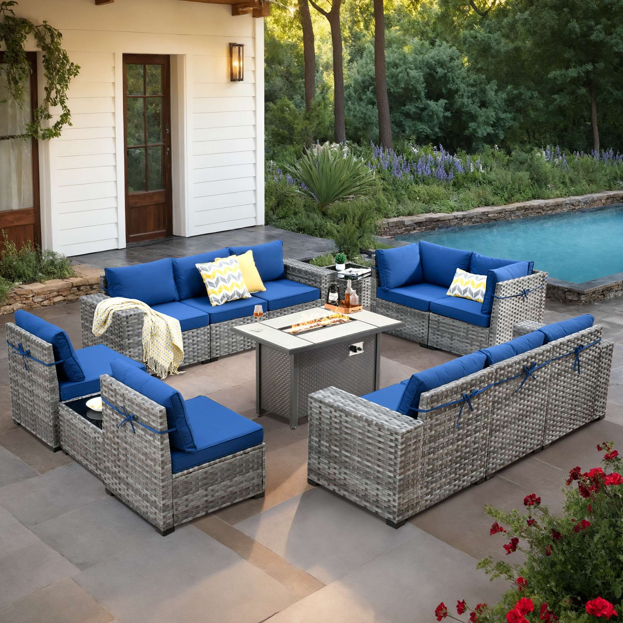 OVIOS weather-resistant grey rattan patio set with Navy Blue cushions & fire pit table.