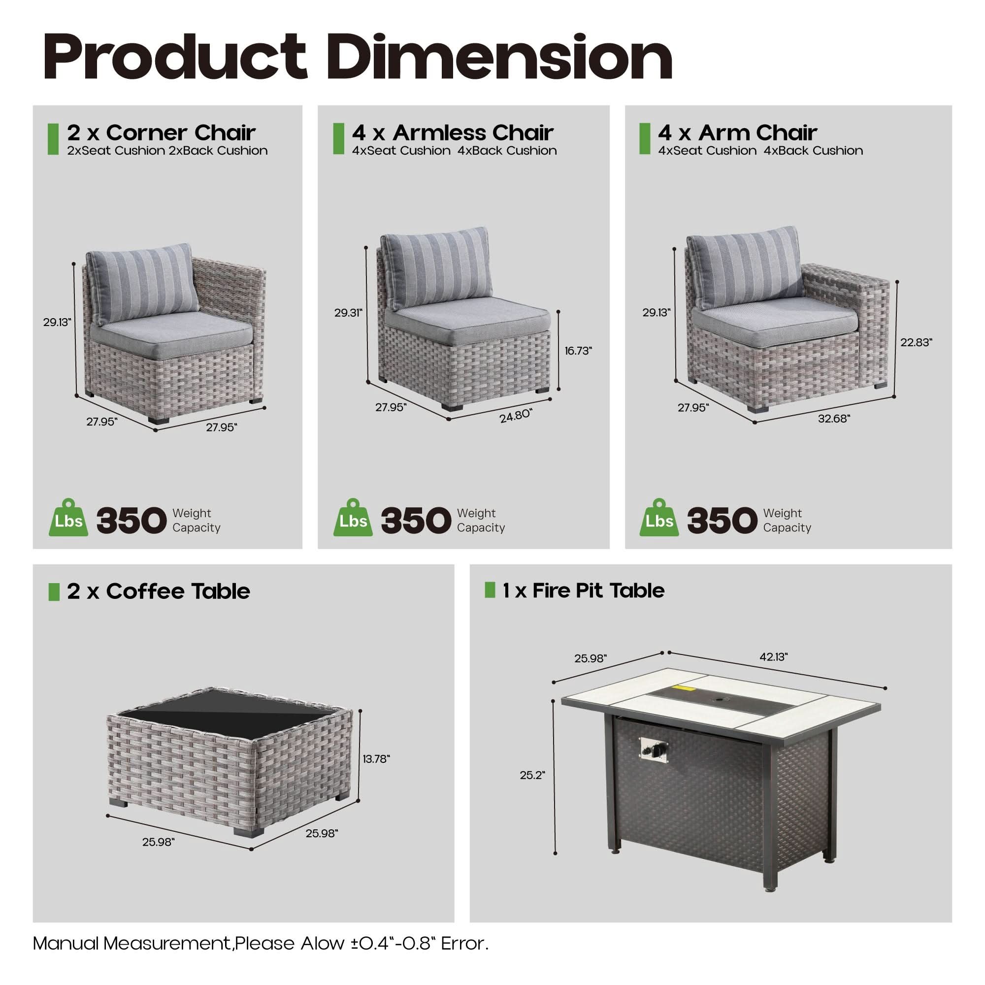 strip grey OVIOS outdoor furniture set dimensions: corner, armless, arm chairs, coffee table, fire pit.