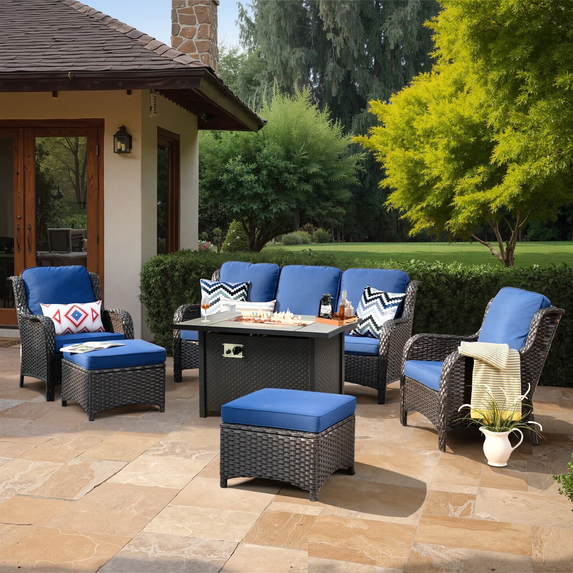 OVIOS Outdoor Wicker Patio Furniture Set with Fire Pit Table
