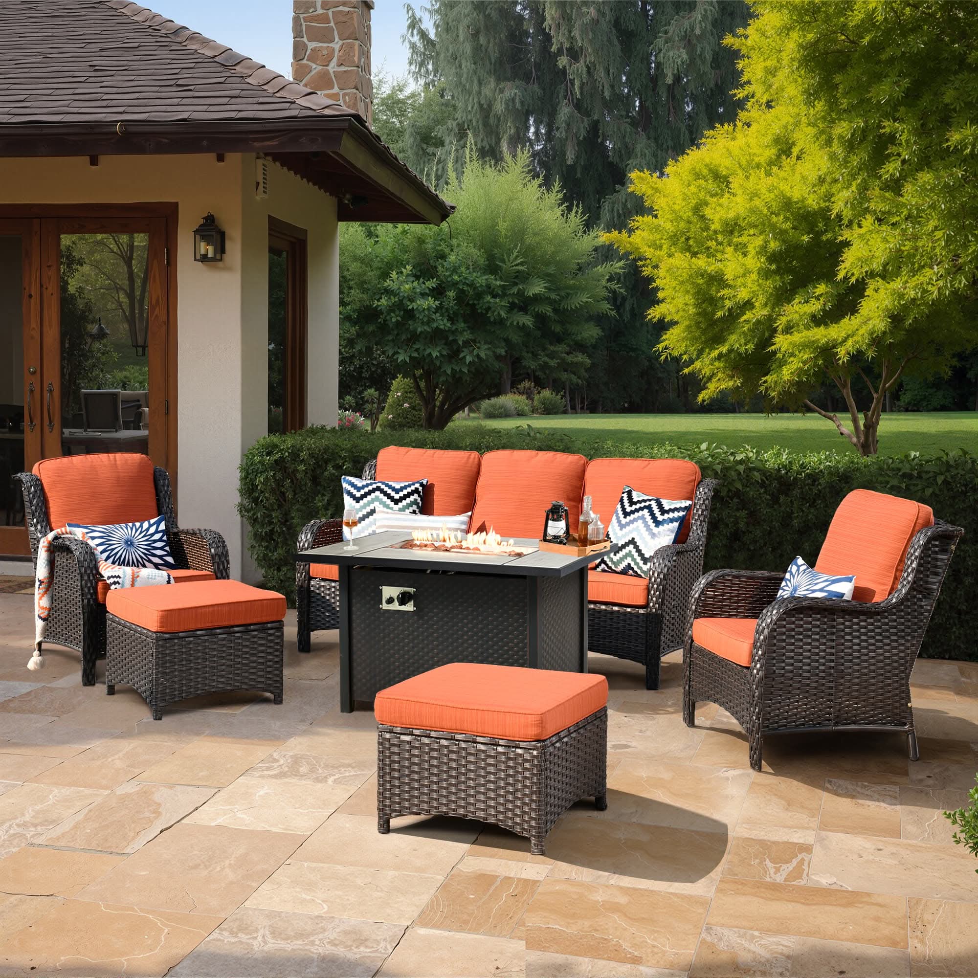 OVIOS Outdoor Wicker Patio Furniture Set with Fire Pit Table