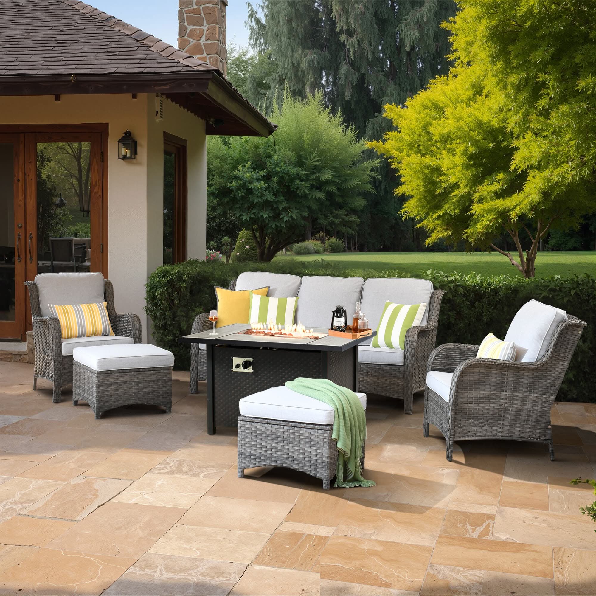 OVIOS Outdoor Wicker Patio Furniture Set with Fire Pit Table