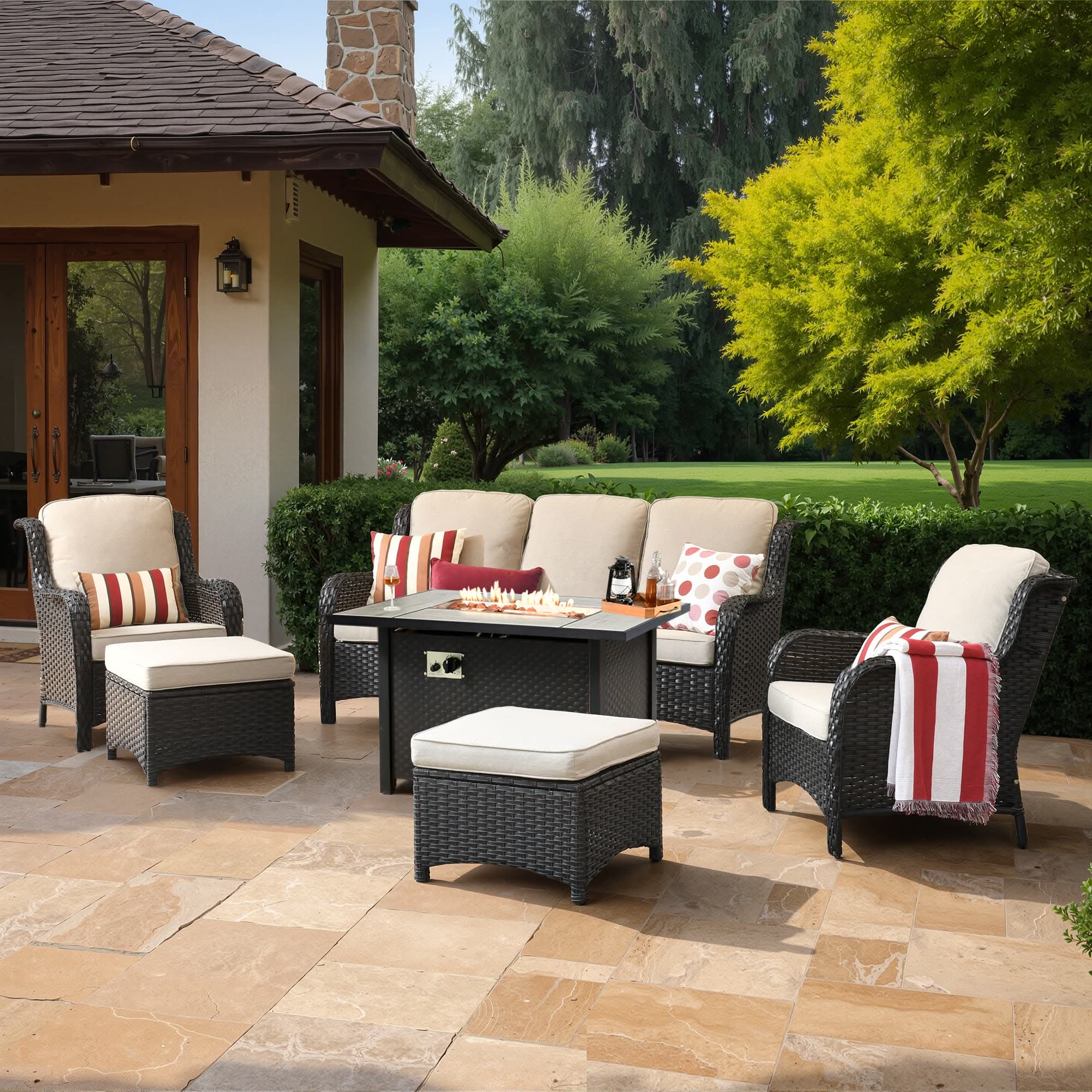 OVIOS Outdoor Wicker Patio Furniture Set with Fire Pit Table