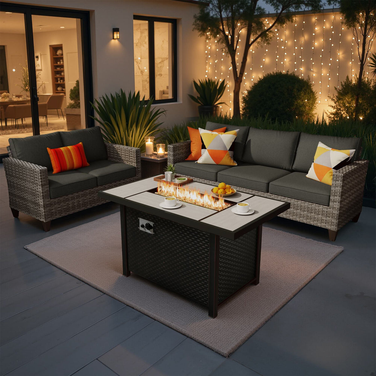 Outdoor Patio Conversation Set | Fire Pit & Swivel Seats