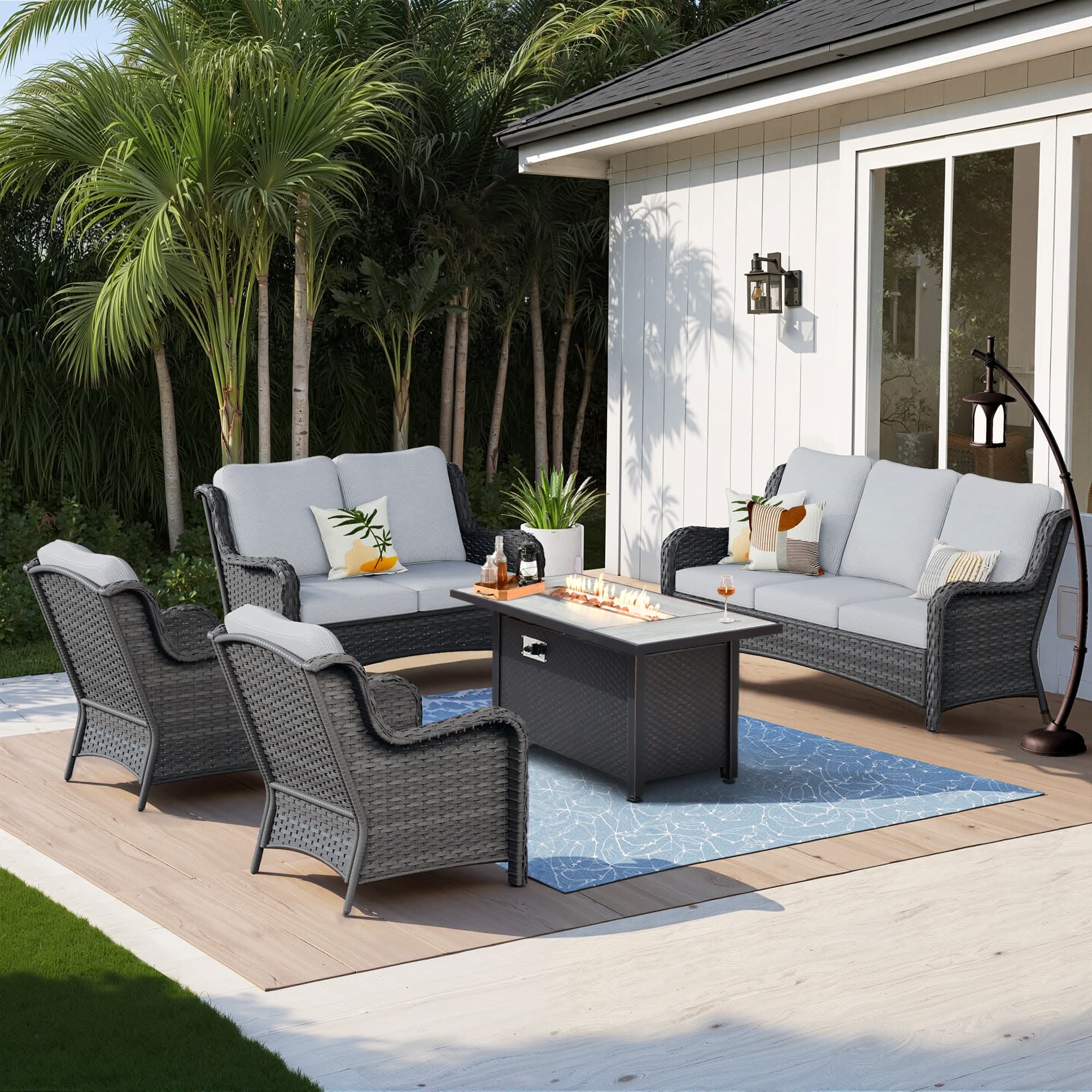 OVIOS Outdoor Wicker Patio Furniture Set with Fire Pit Table