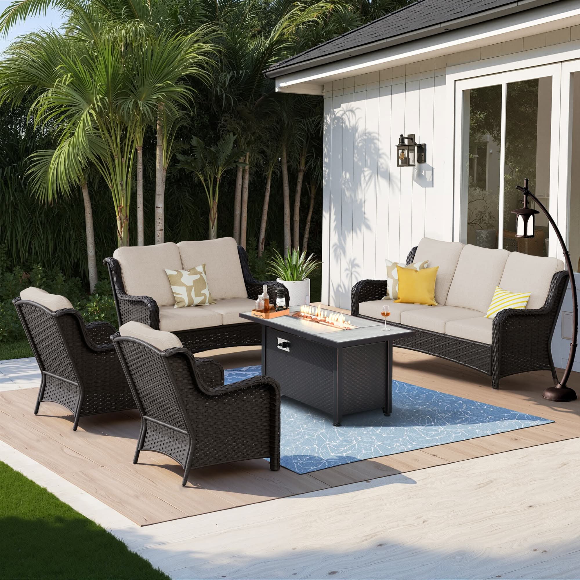 OVIOS Outdoor Wicker Patio Furniture Set with Fire Pit Table