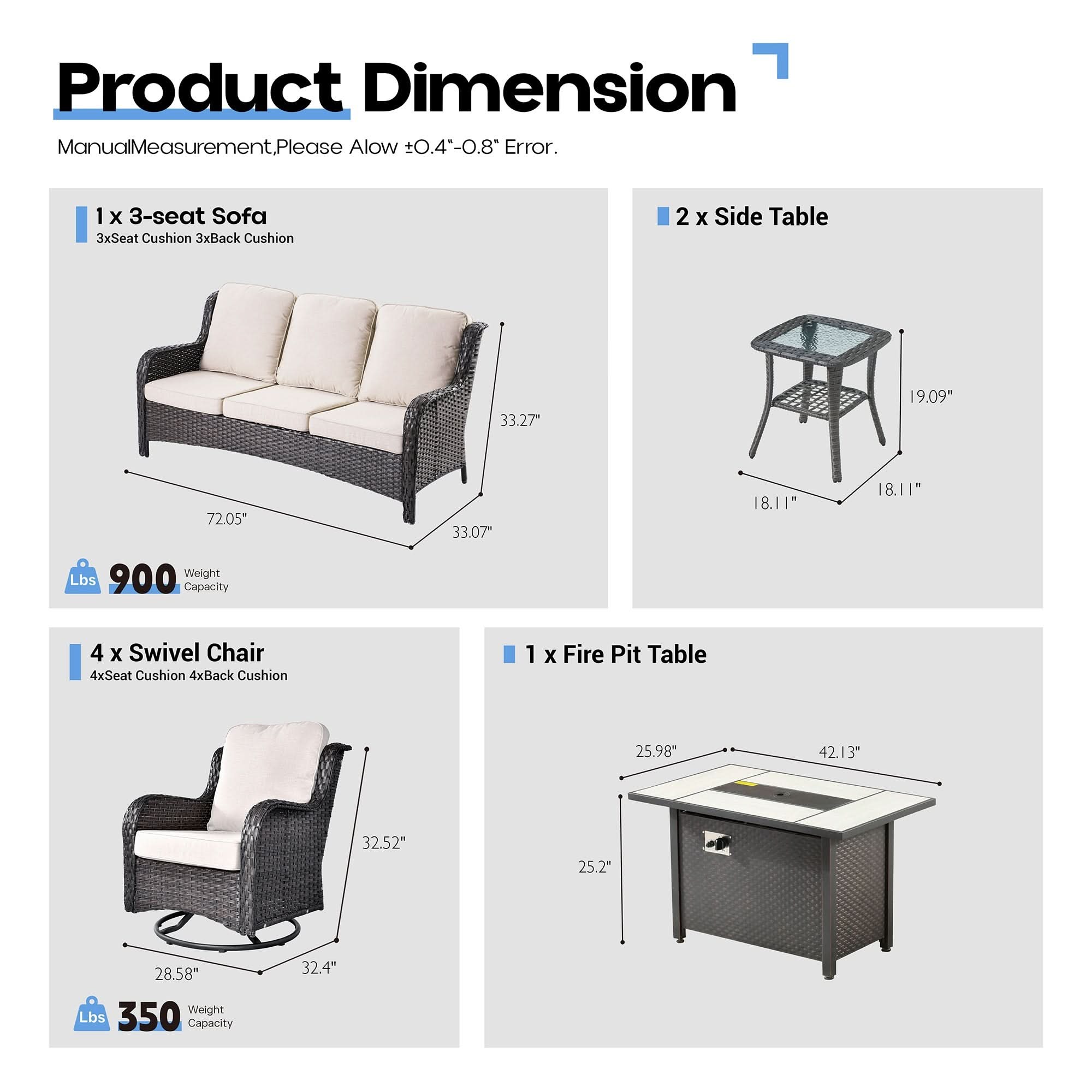 OVIOS 8-Piece Outdoor Wicker Patio Set with Fire Pit Table