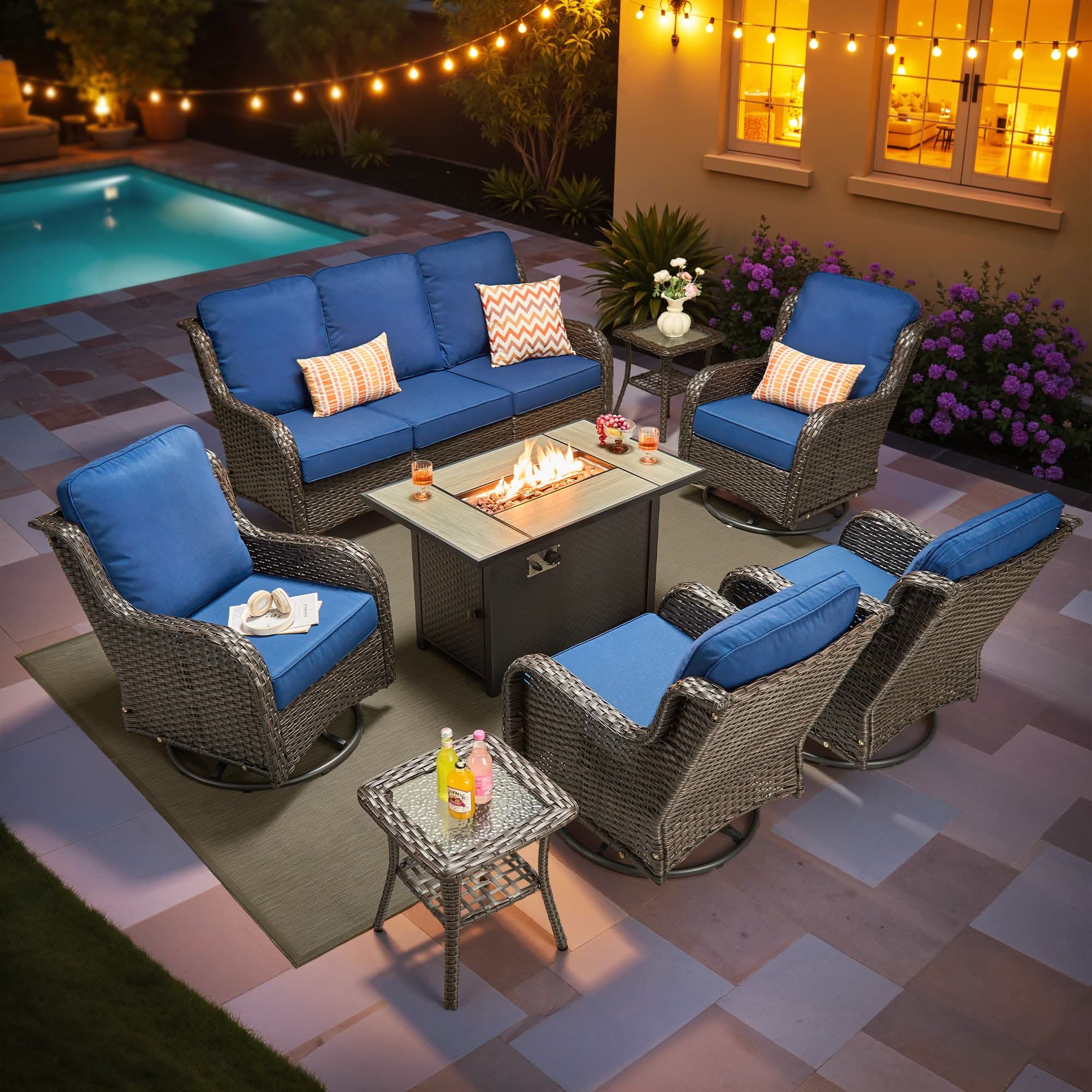 OVIOS 8-Piece Outdoor Wicker Patio Set with Fire Pit Table