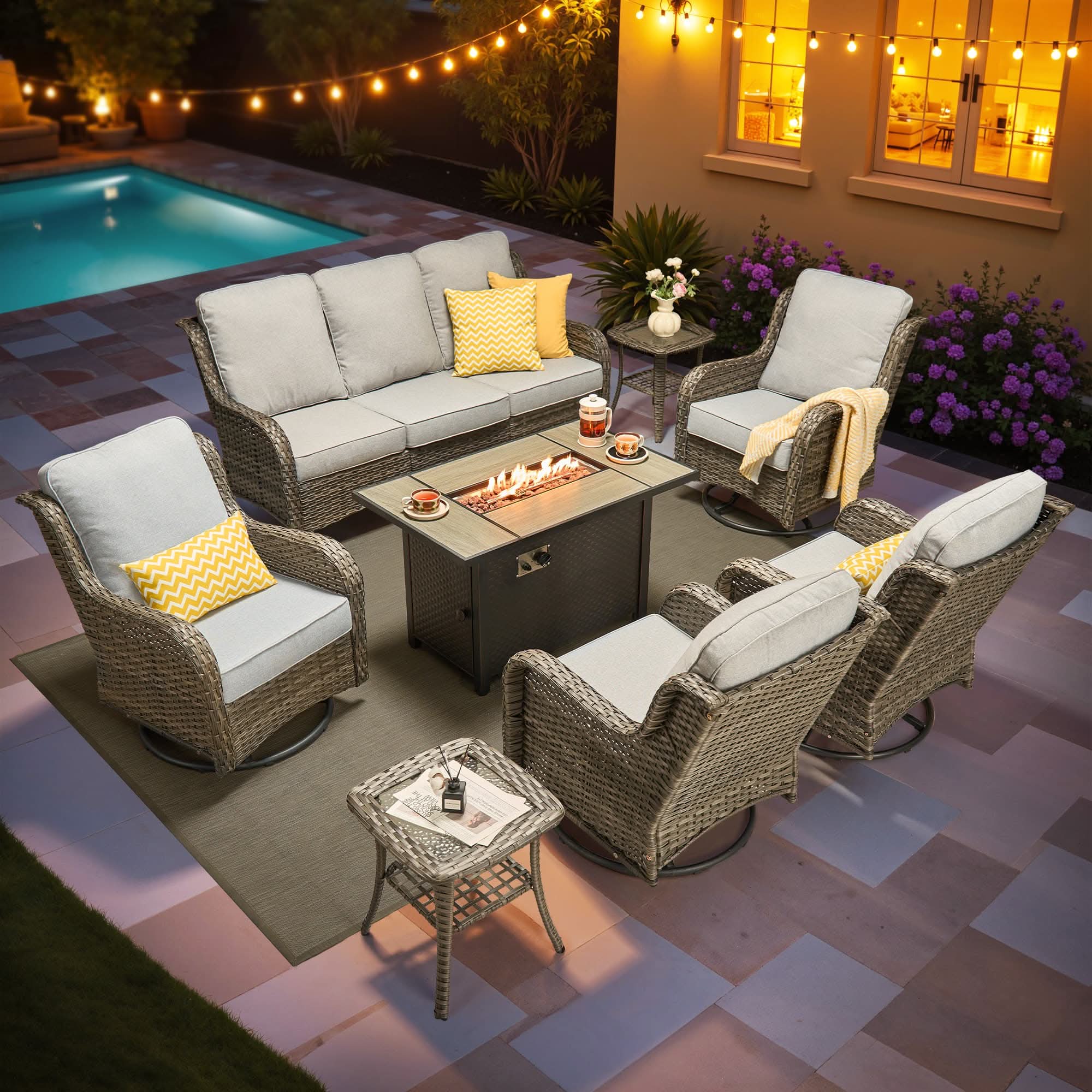 OVIOS 8-Piece Outdoor Wicker Patio Set with Fire Pit Table