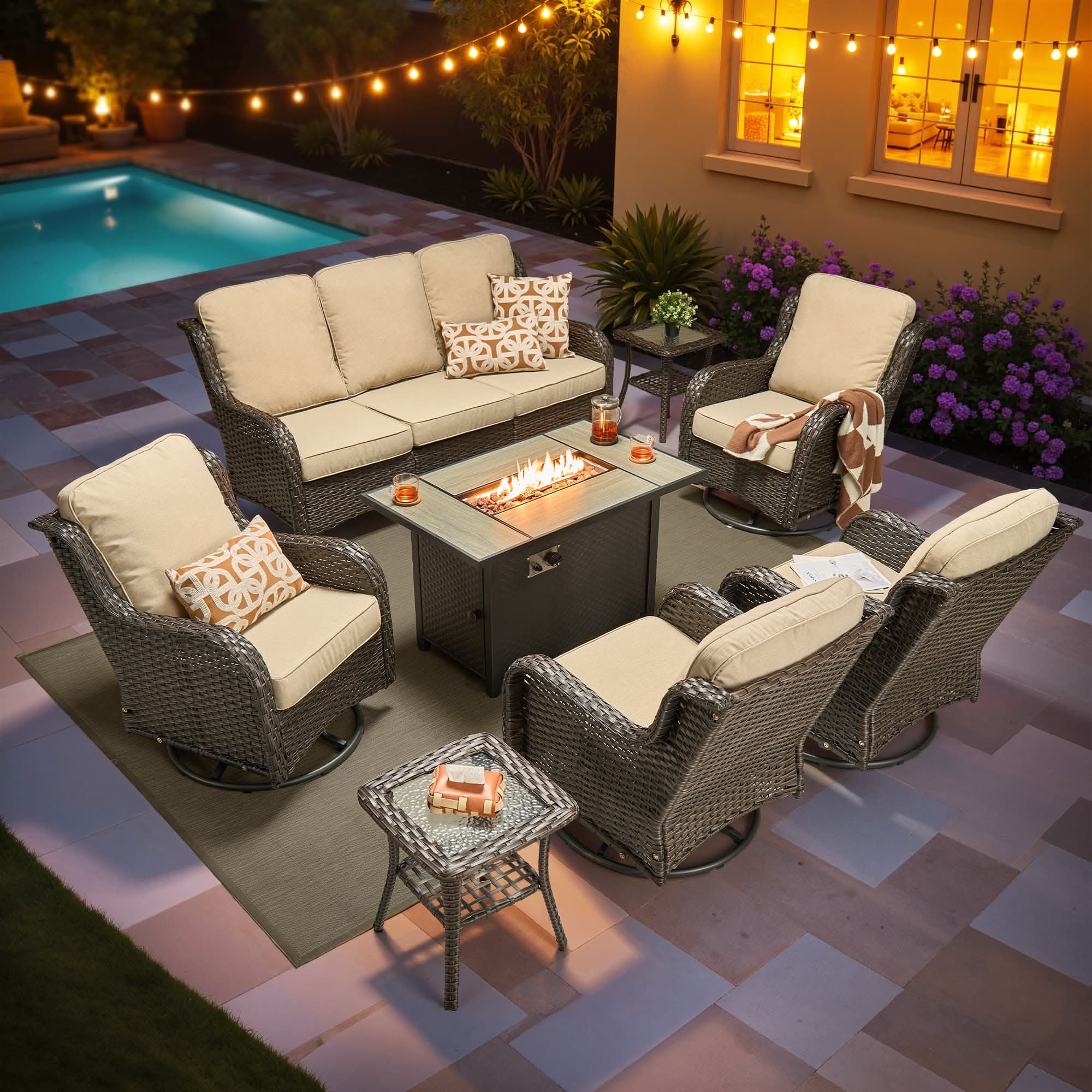 OVIOS 8-Piece Outdoor Wicker Patio Set with Fire Pit Table