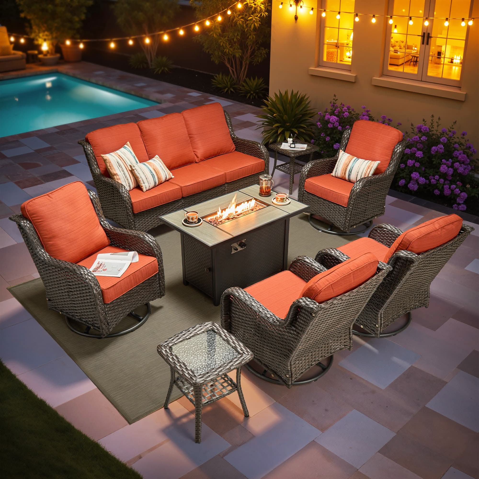 OVIOS 8-Piece Outdoor Wicker Patio Set with Fire Pit Table