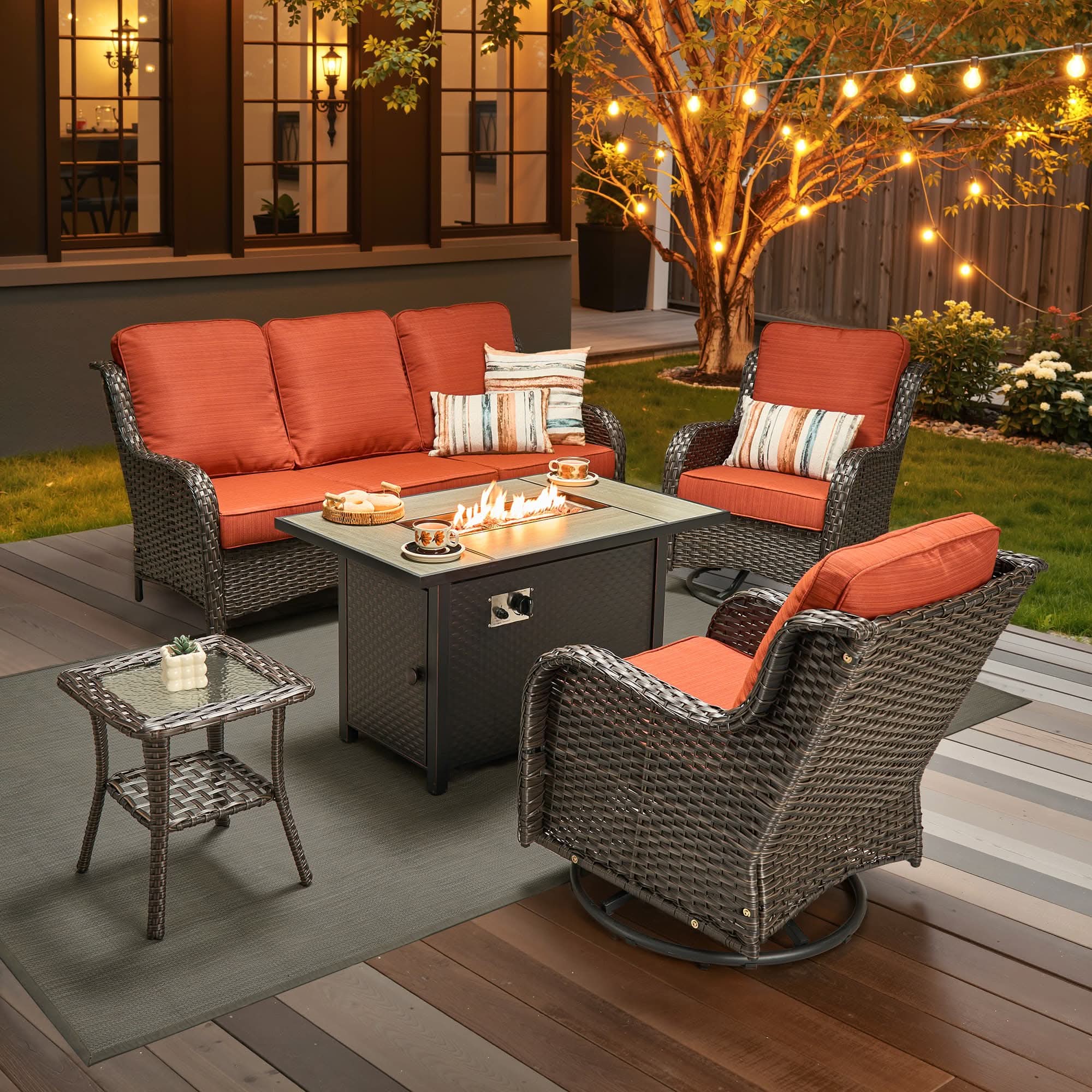 OVIOS Outdoor Wicker Patio Furniture Set with Fire Pit Table