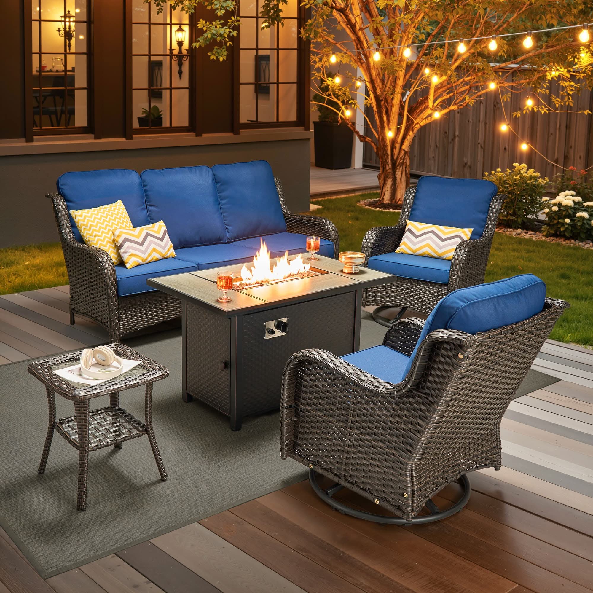 OVIOS Outdoor Wicker Patio Furniture Set with Fire Pit Table