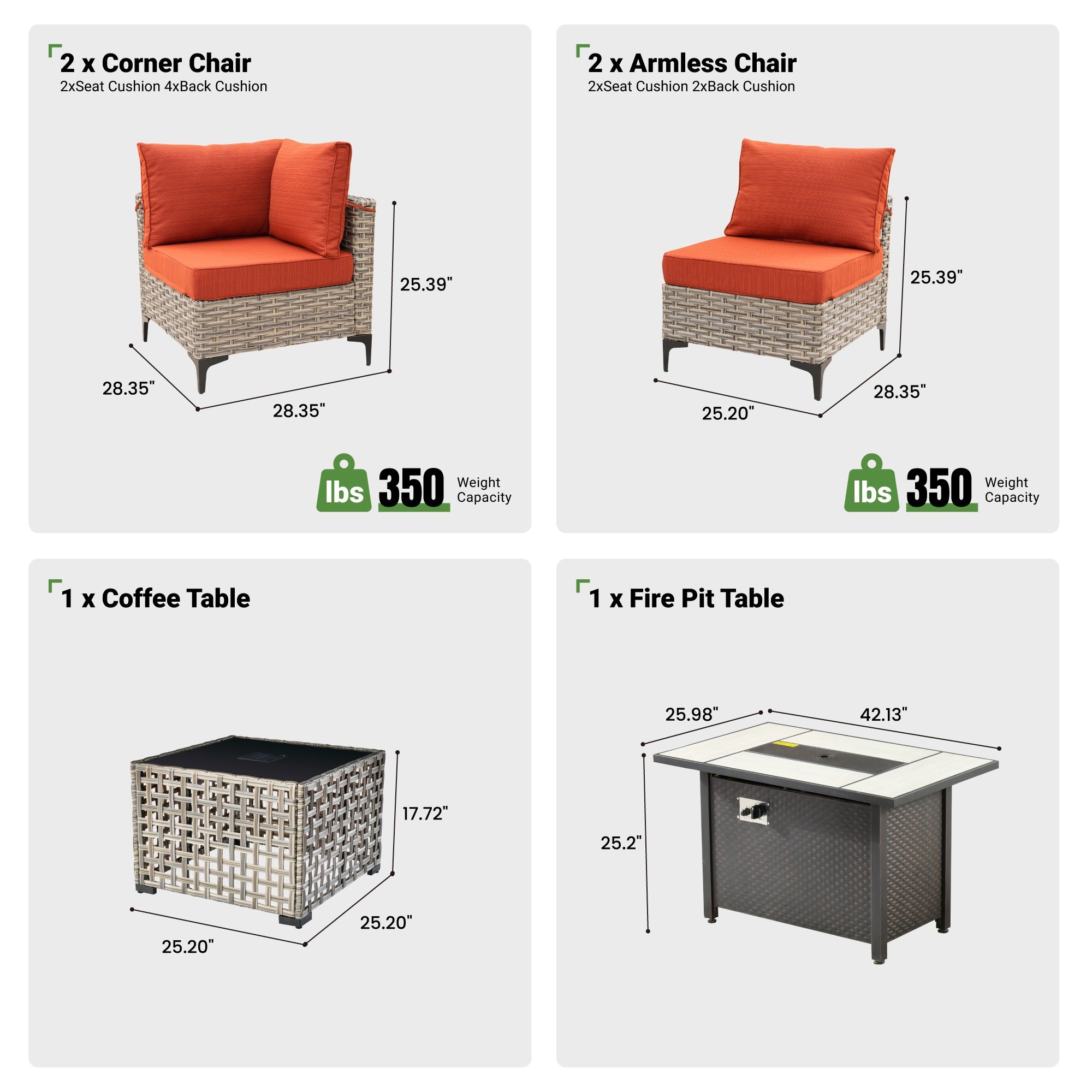 OVIOS Wicker Patio Conversation Set with Fire Pit Table & Glowing Coffee Table