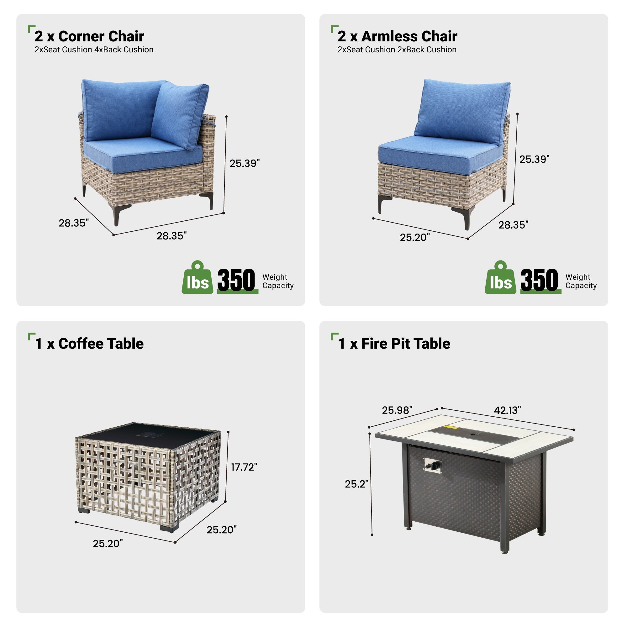 OVIOS Wicker Patio Conversation Set with Fire Pit Table & Glowing Coffee Table