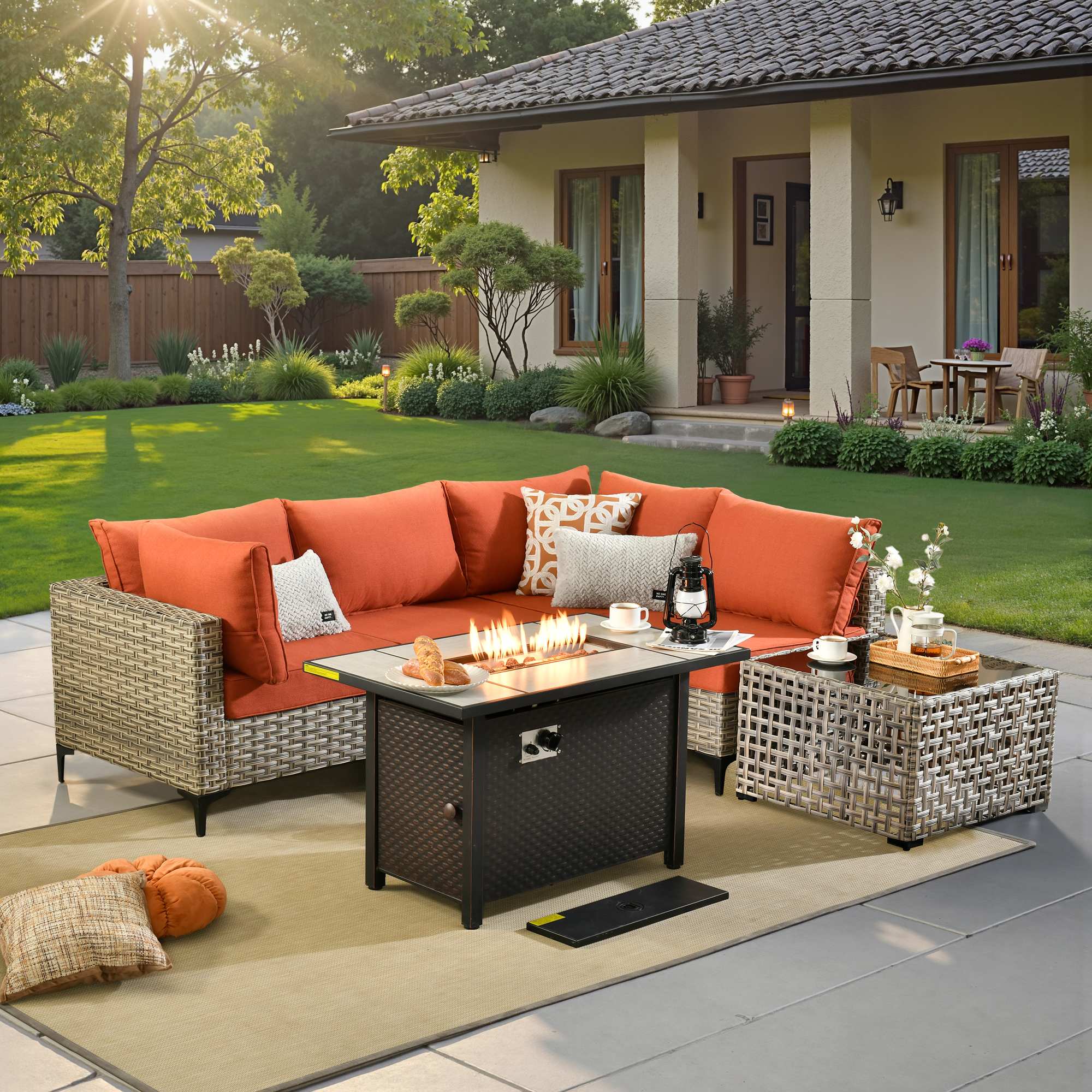 OVIOS Wicker Patio Conversation Set with Fire Pit Table & Glowing Coffee Table