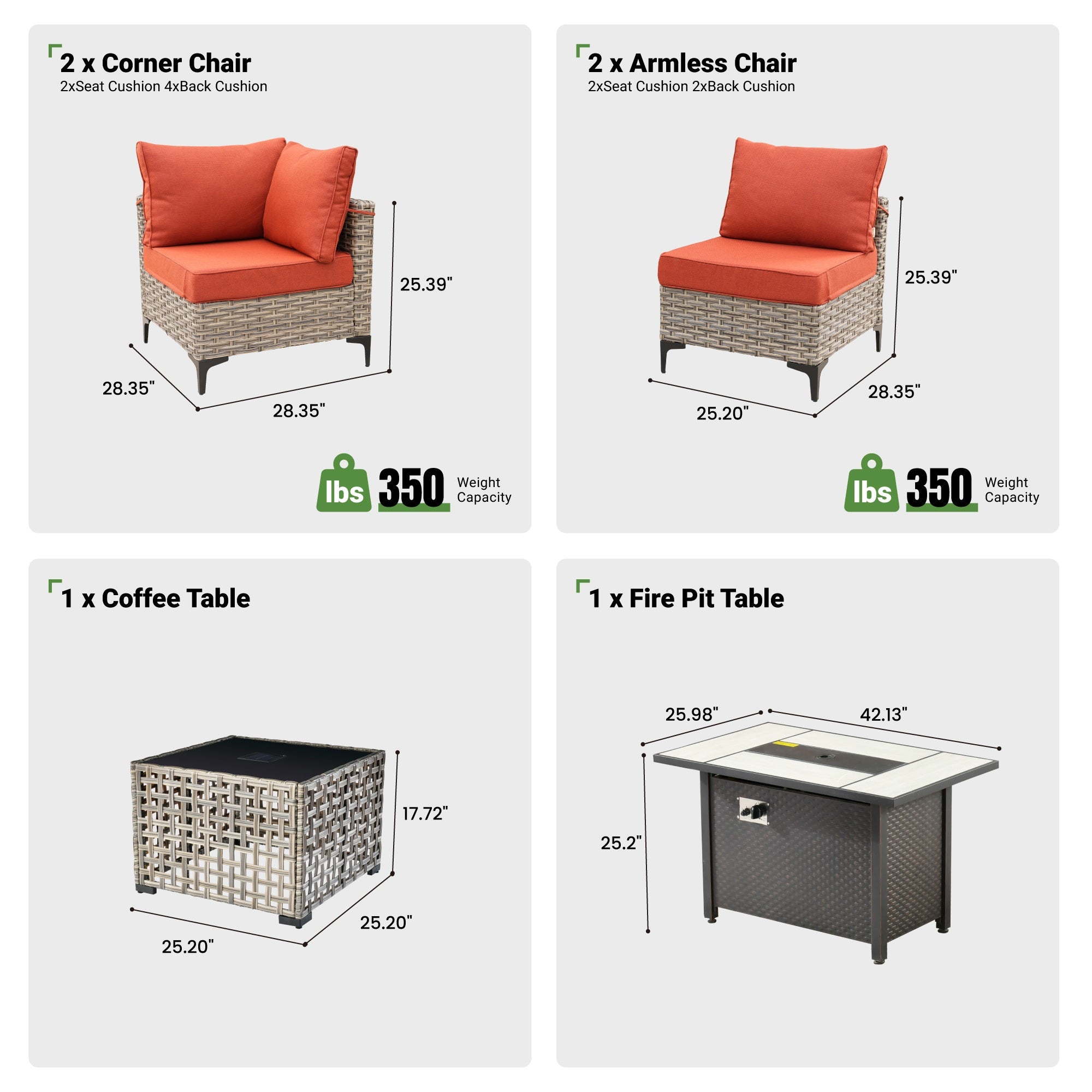 OVIOS Wicker Patio Conversation Set with Fire Pit Table & Glowing Coffee Table