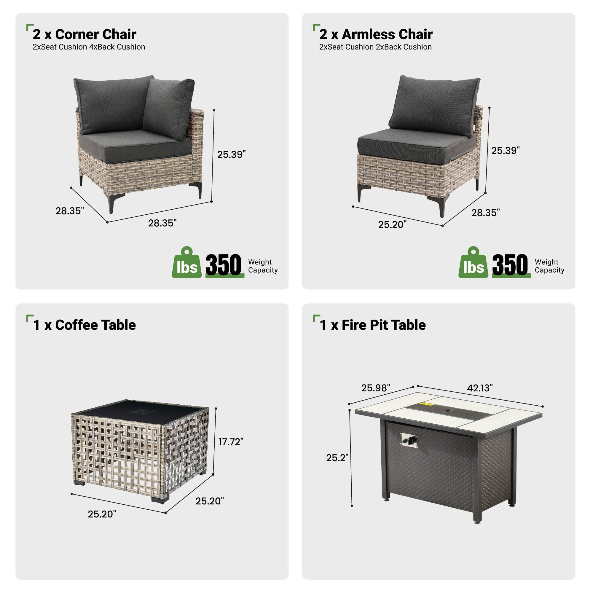 OVIOS Wicker Patio Conversation Set with Fire Pit Table & Glowing Coffee Table