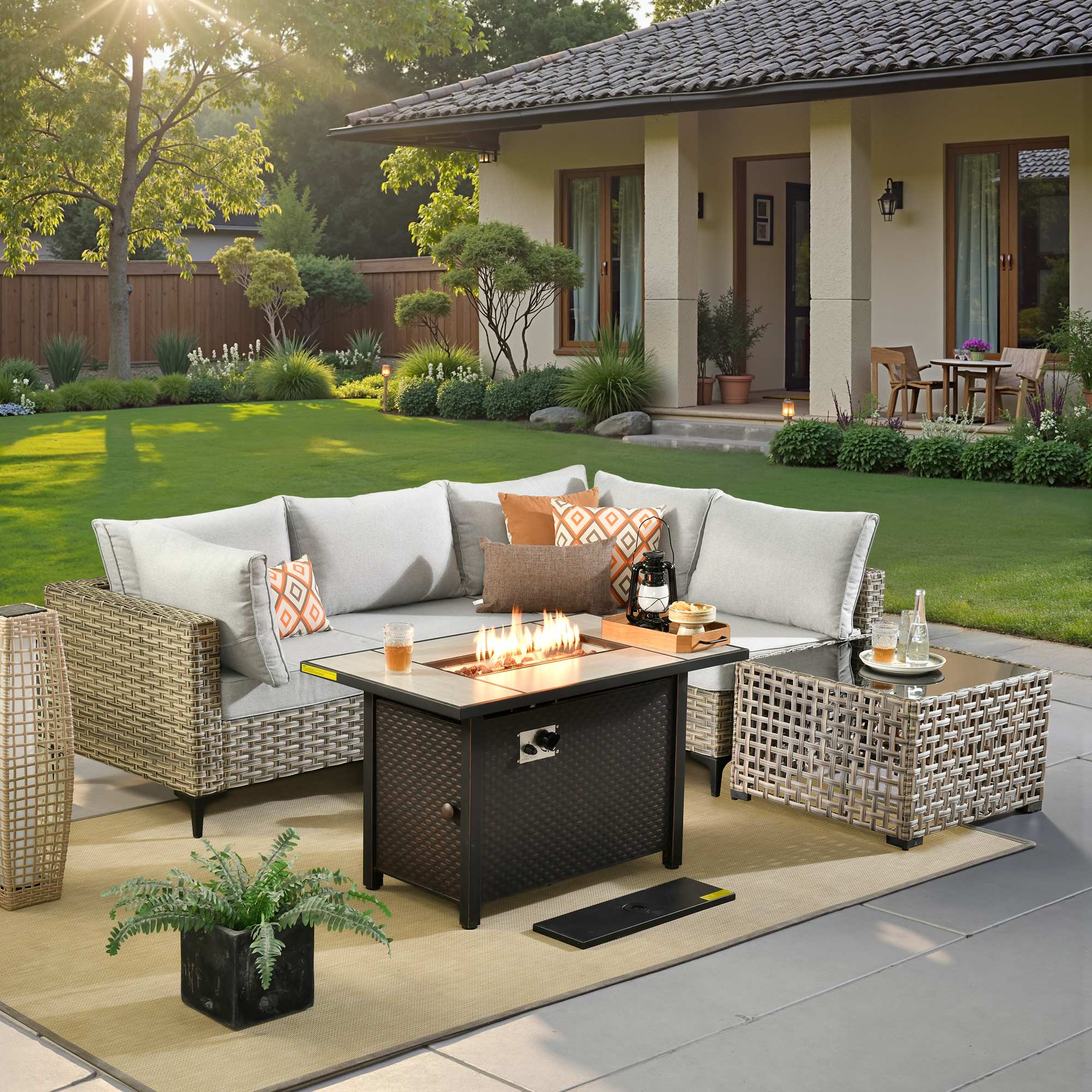 OVIOS Wicker Patio Conversation Set with Fire Pit Table & Glowing Coffee Table