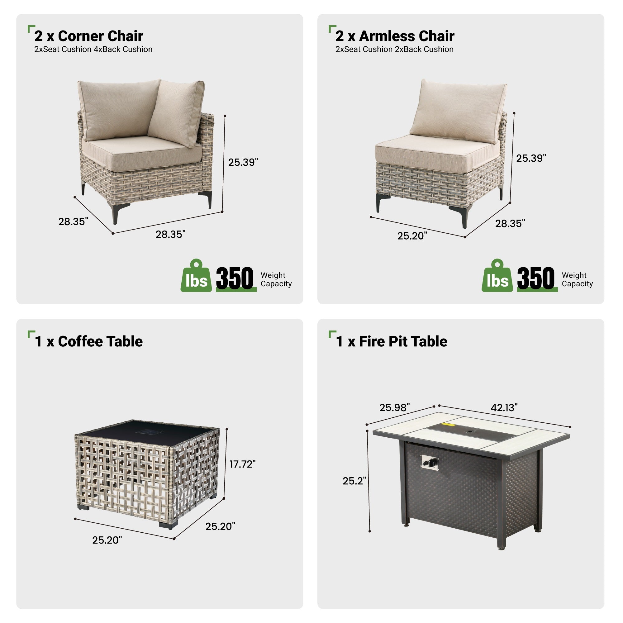 OVIOS Wicker Patio Conversation Set with Fire Pit Table & Glowing Coffee Table