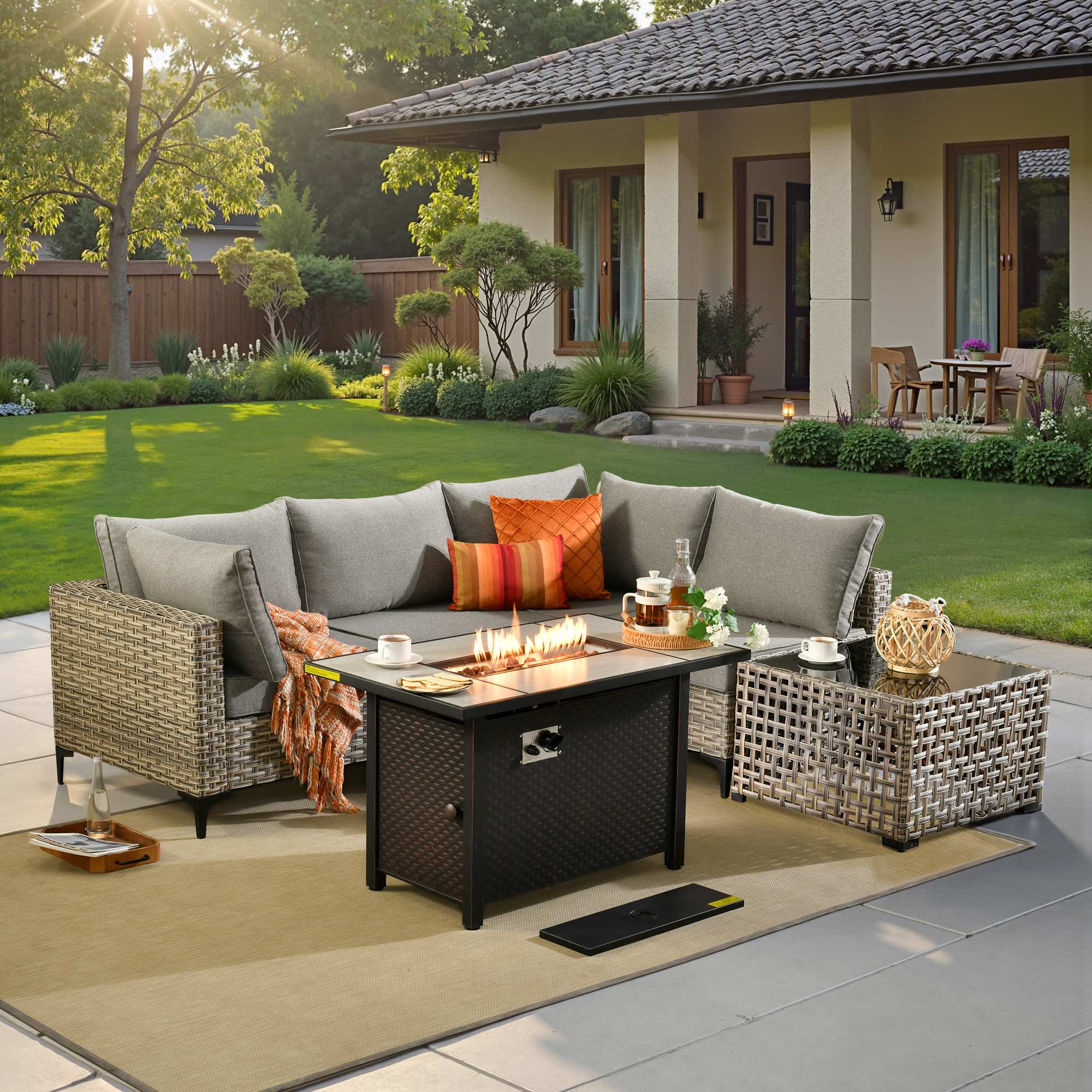 OVIOS Wicker Patio Conversation Set with Fire Pit Table & Glowing Coffee Table