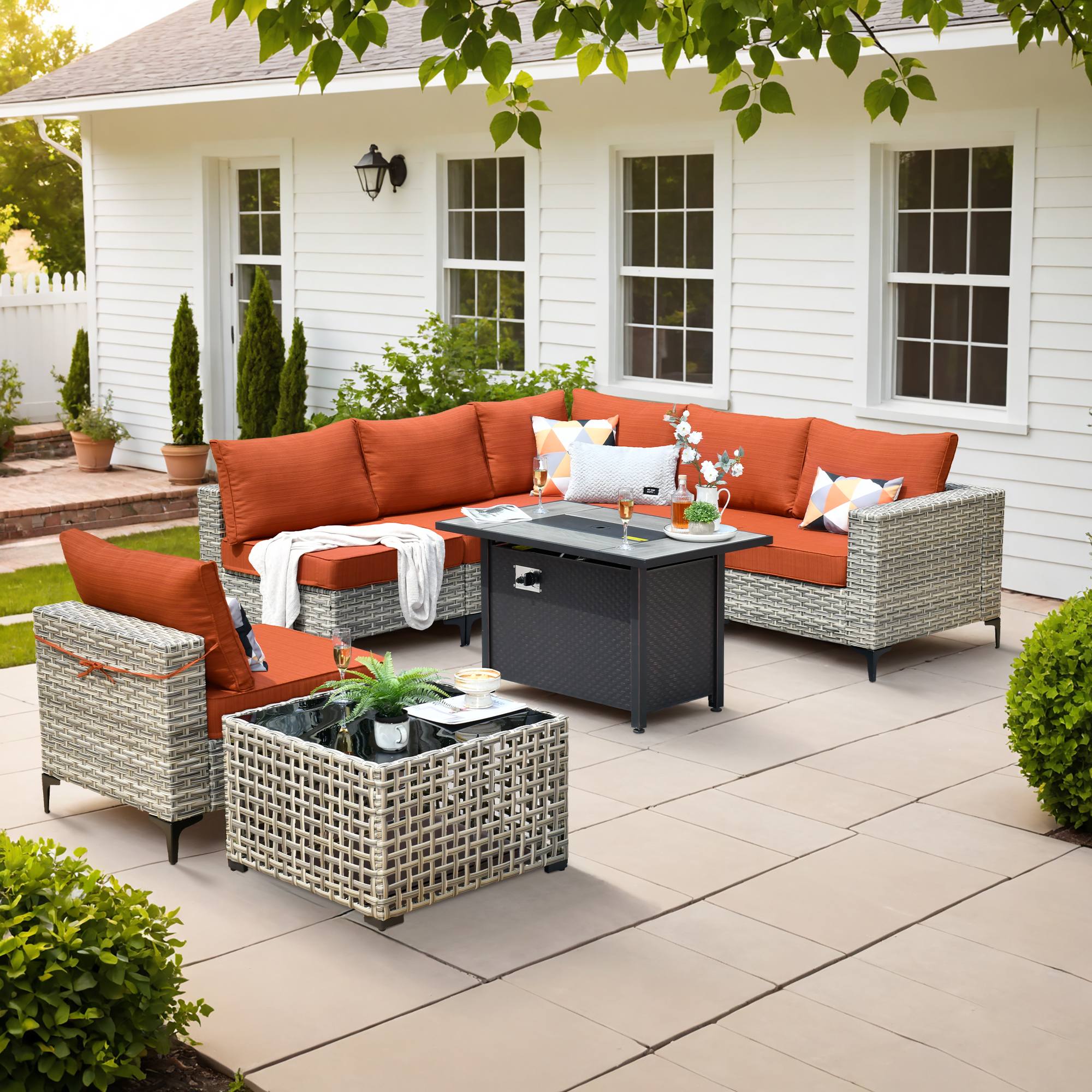 OVIOS Wicker Patio Conversation Set with Fire Pit Table & Glowing Coffee Table