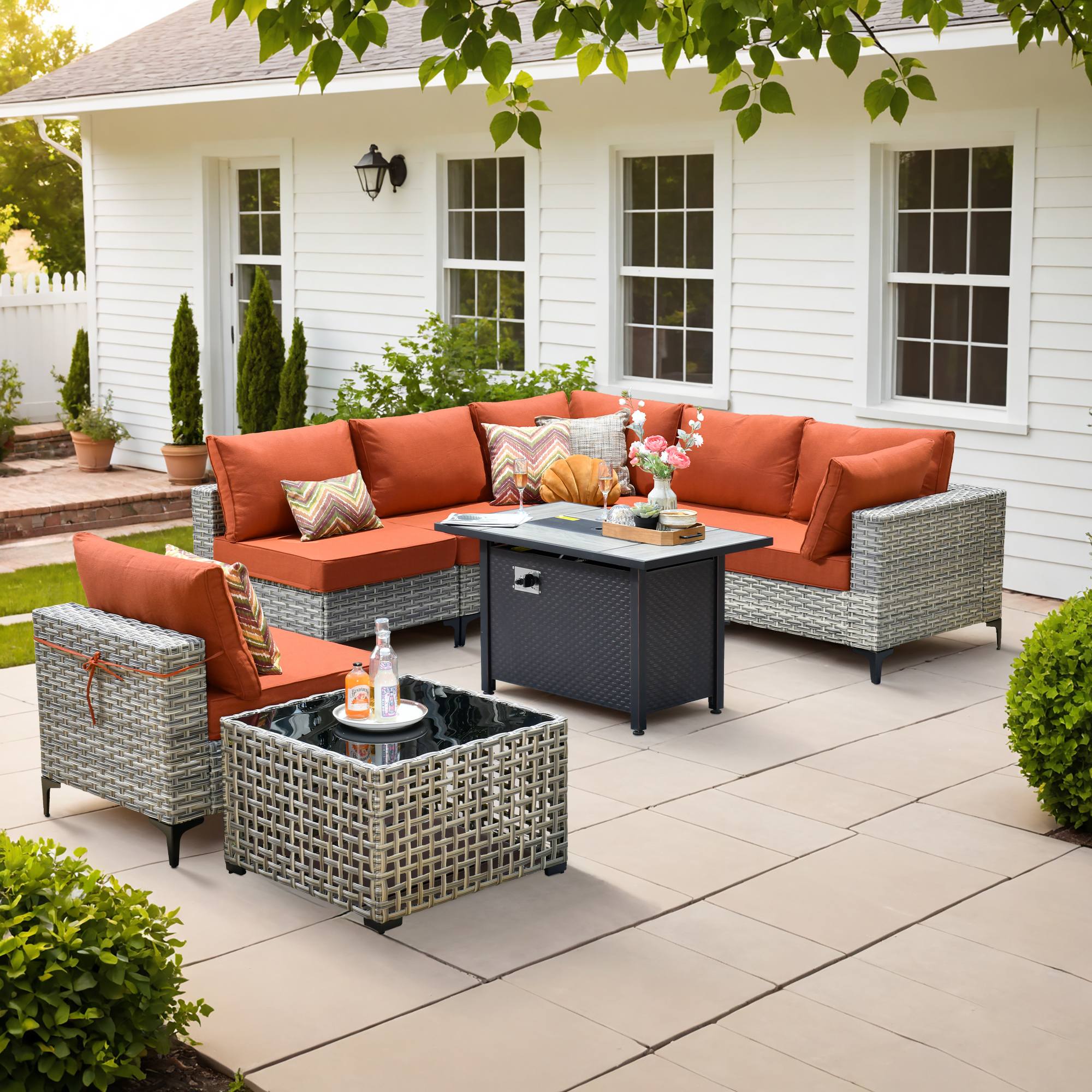 OVIOS Wicker Patio Conversation Set with Fire Pit Table & Glowing Coffee Table