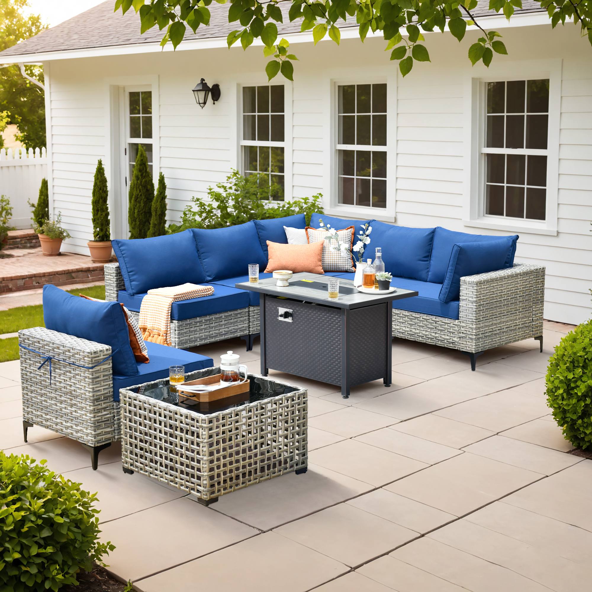 OVIOS Wicker Patio Conversation Set with Fire Pit Table & Glowing Coffee Table