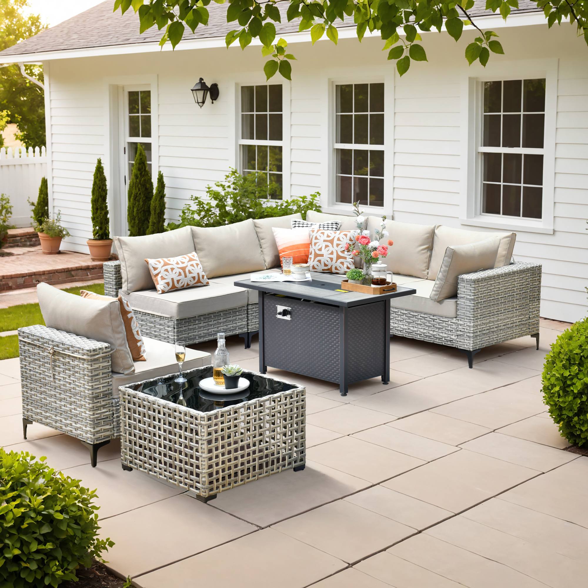 OVIOS Wicker Patio Conversation Set with Fire Pit Table & Glowing Coffee Table